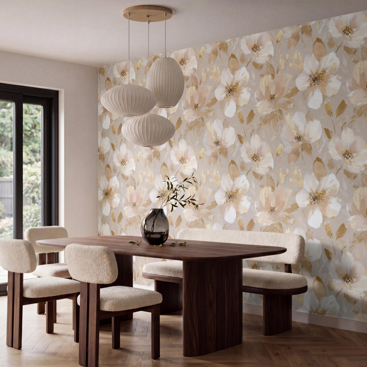 TAPETE - Blumen - künstlerisch - Gold - 400x280 cm - Beige, Papier (400/280cm) - OnlyWow