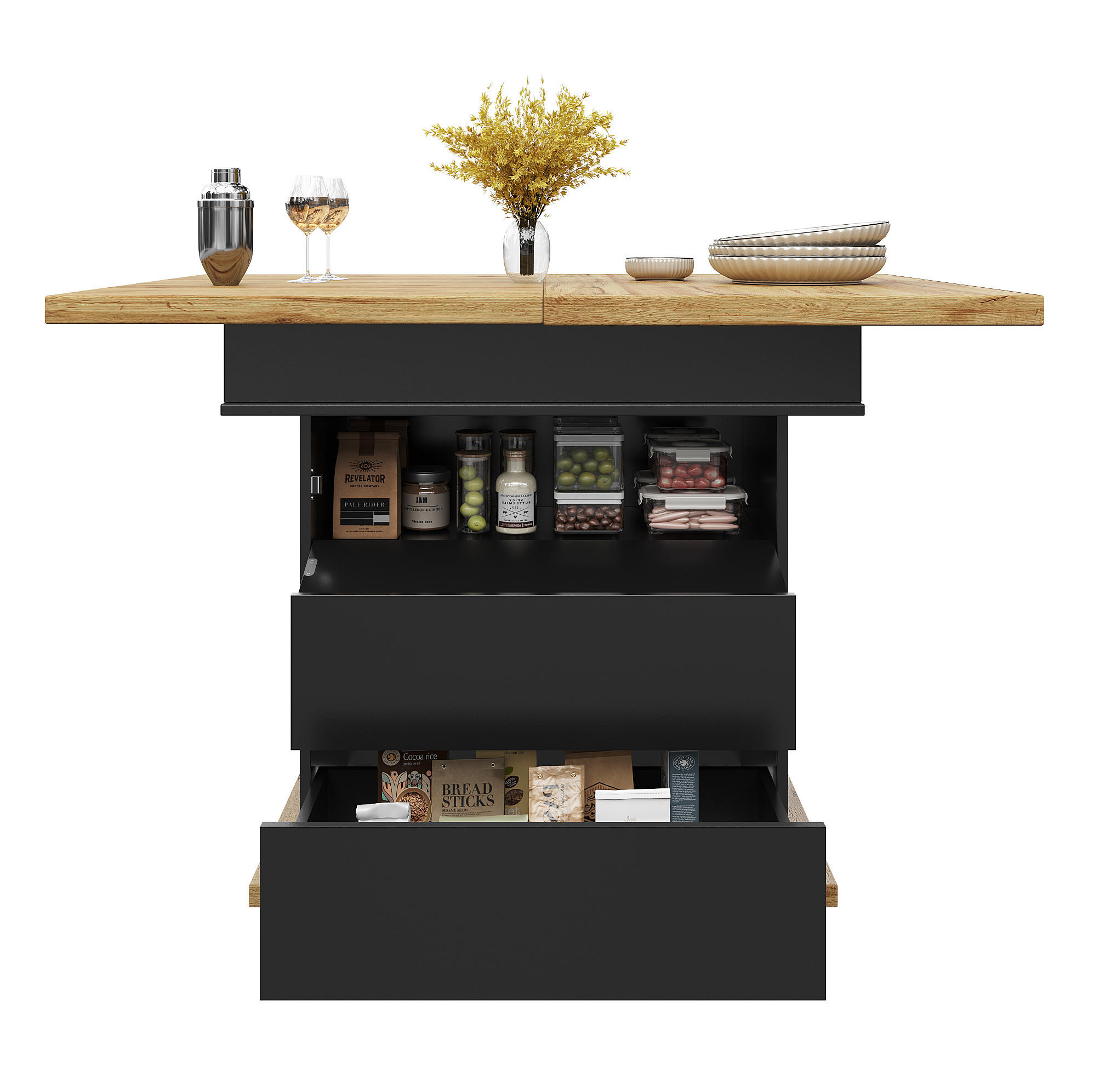 Modfu JÍDELNÍ stůl z MDF 110x80x75 cm černá/přírodní rozkládací se skrytým úložným prostorem a policemi