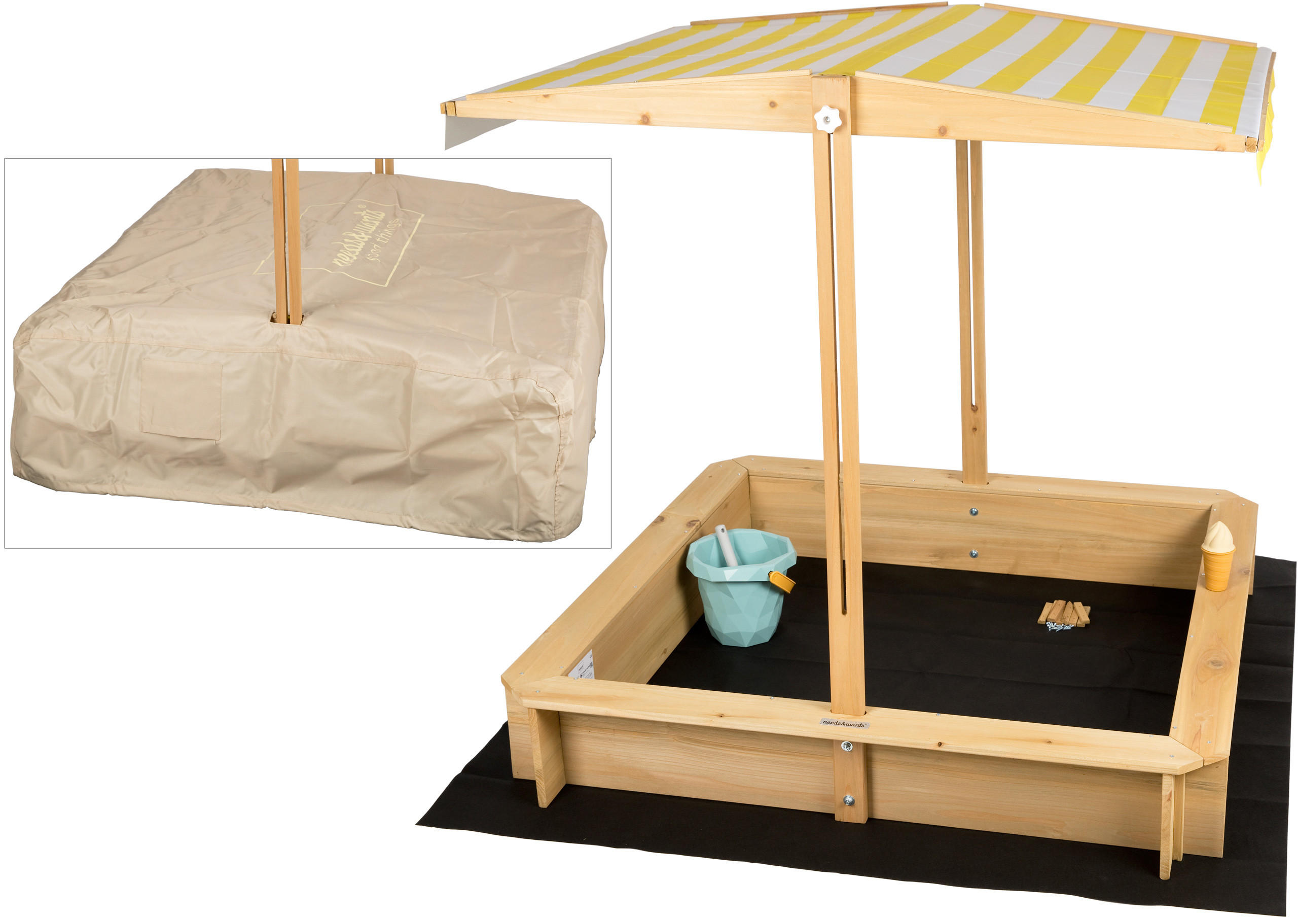 SANDKASTEN mit Dach, Sitzbank und Boden, Holz wetterfest - Gelb, Holz (113/113/113cm) - needs&wants