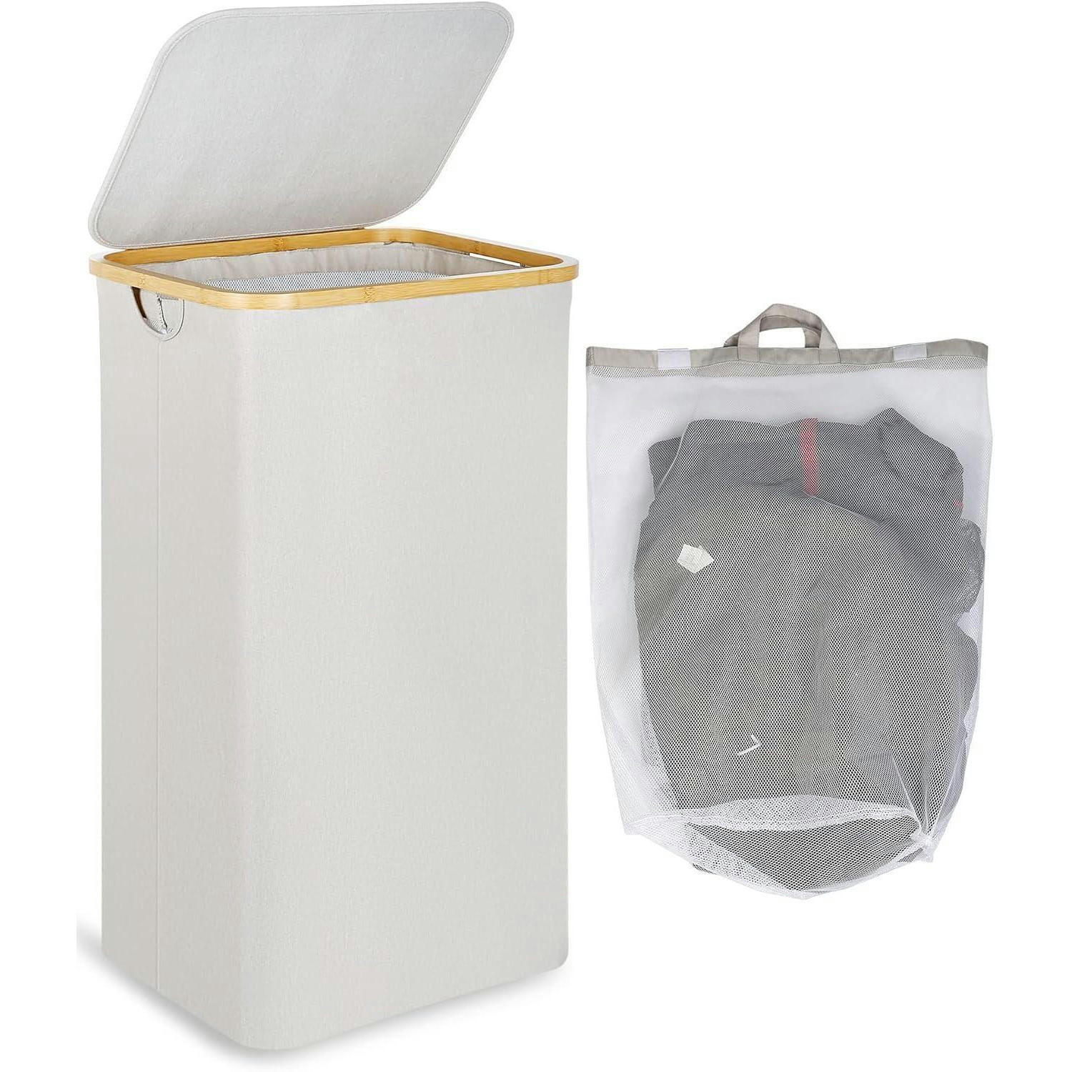 WÄSCHEKORB mit Deckel und Bambusgriffen 100 Liter Beige Hellgrau - Beige, Textil (5.3/42/33cm)