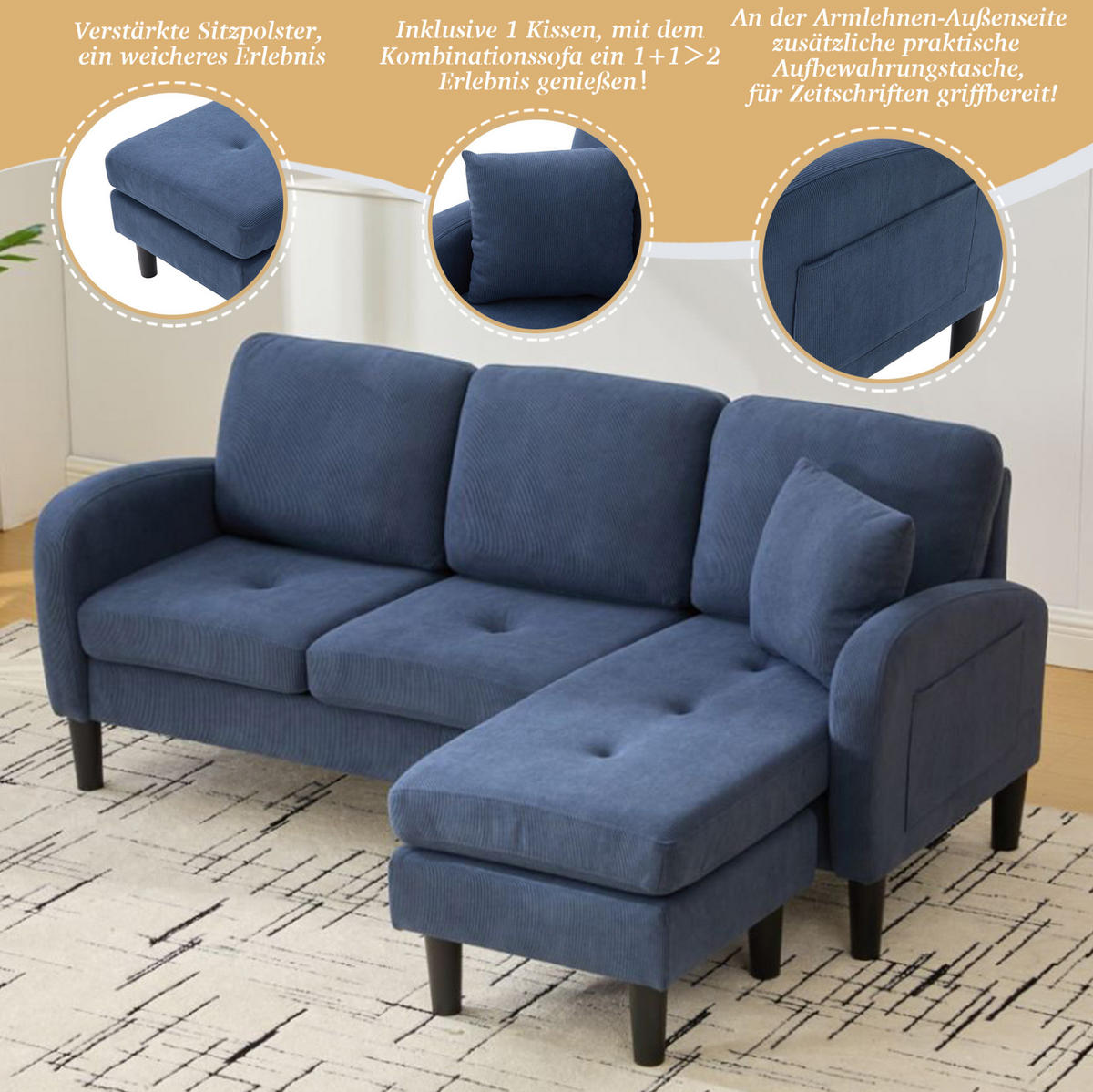 ECKSOFA 166/118/77 cm Blau aus Cordstoff mit Chaiselongue - Blau, Textil (118/166cm) - OKMYHOME