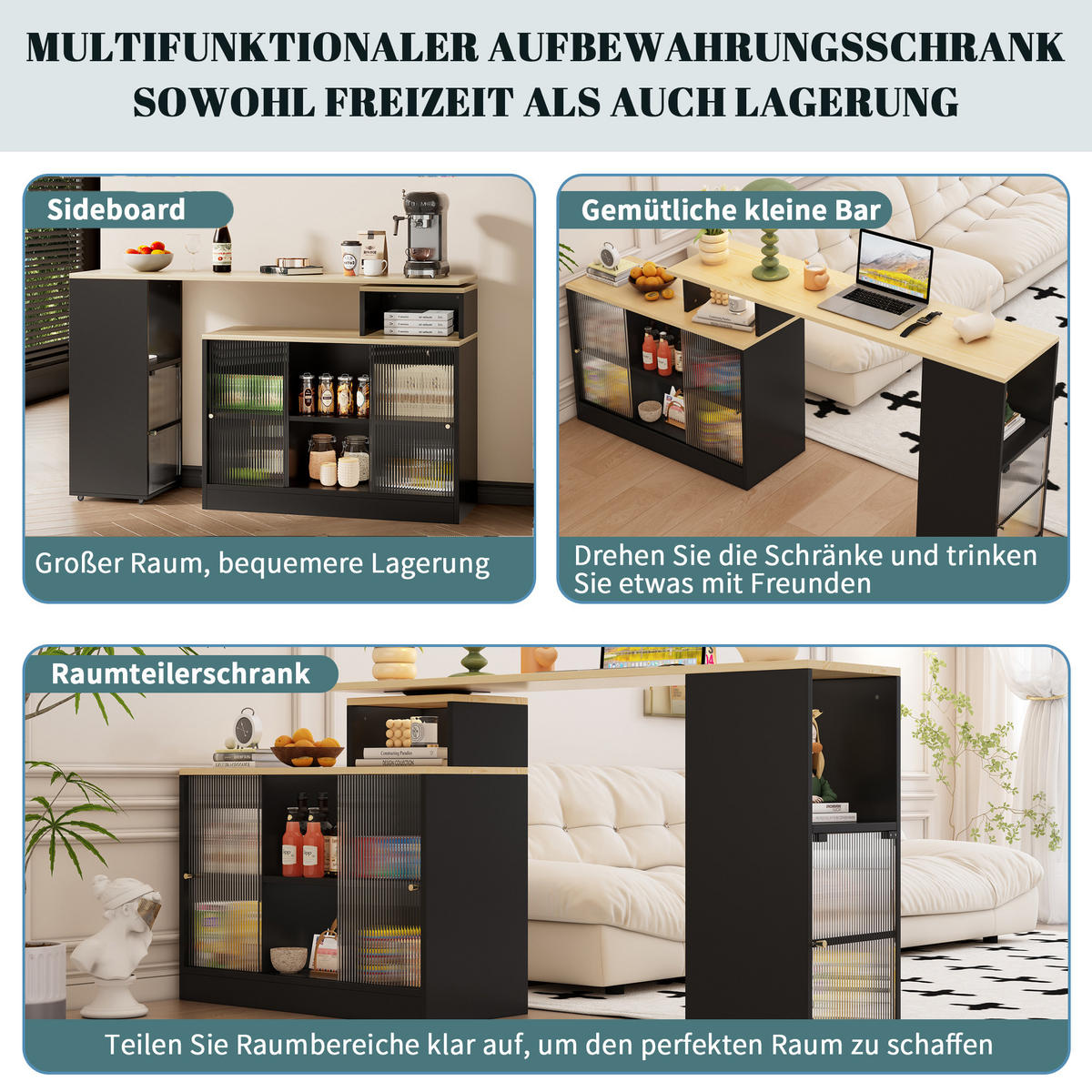 BARTSCH Ausziehbar Schwarz Stauraum Drehbar Beweglich Hochtisch - Schwarz, Holzwerkstoff (154/40/90cm) - FLIEKS