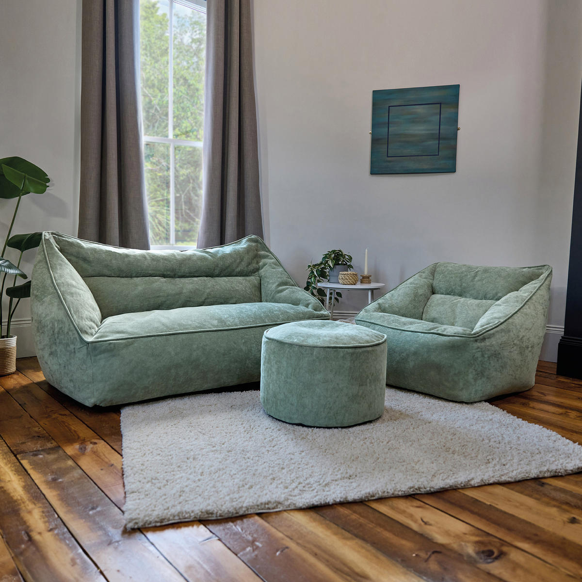 SITZSACK-SET 3 tlg, Sofa Chenille Cecilia, Sitzsack Sessel mit Hocker - Salbeigrün, Kunststoff/Textil (160/70/93cm) - icon