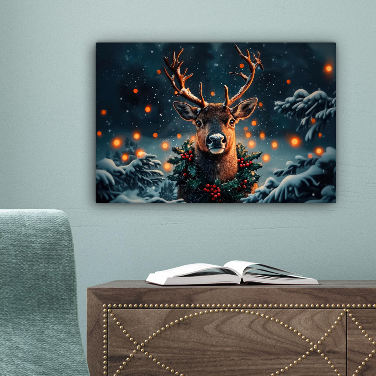 LEINWANDBILD Hirsch - Weihnachten - Winter - Schnee - Weihnachtskranz 30x20 cm - Dunkelbraun, Textil (30/20cm) - MuchoWow