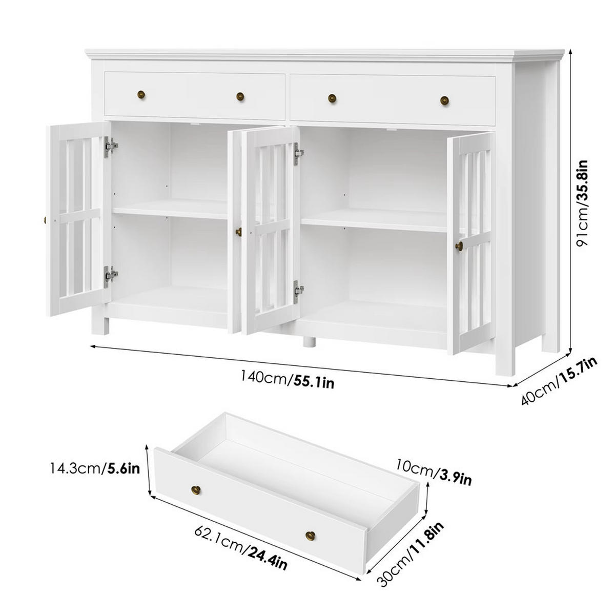 SIDEBOARD 140x91x40 cm Buffetschrank 2 Schubladen Weiß - Weiß, Holz (140/91/40cm) - Kaket