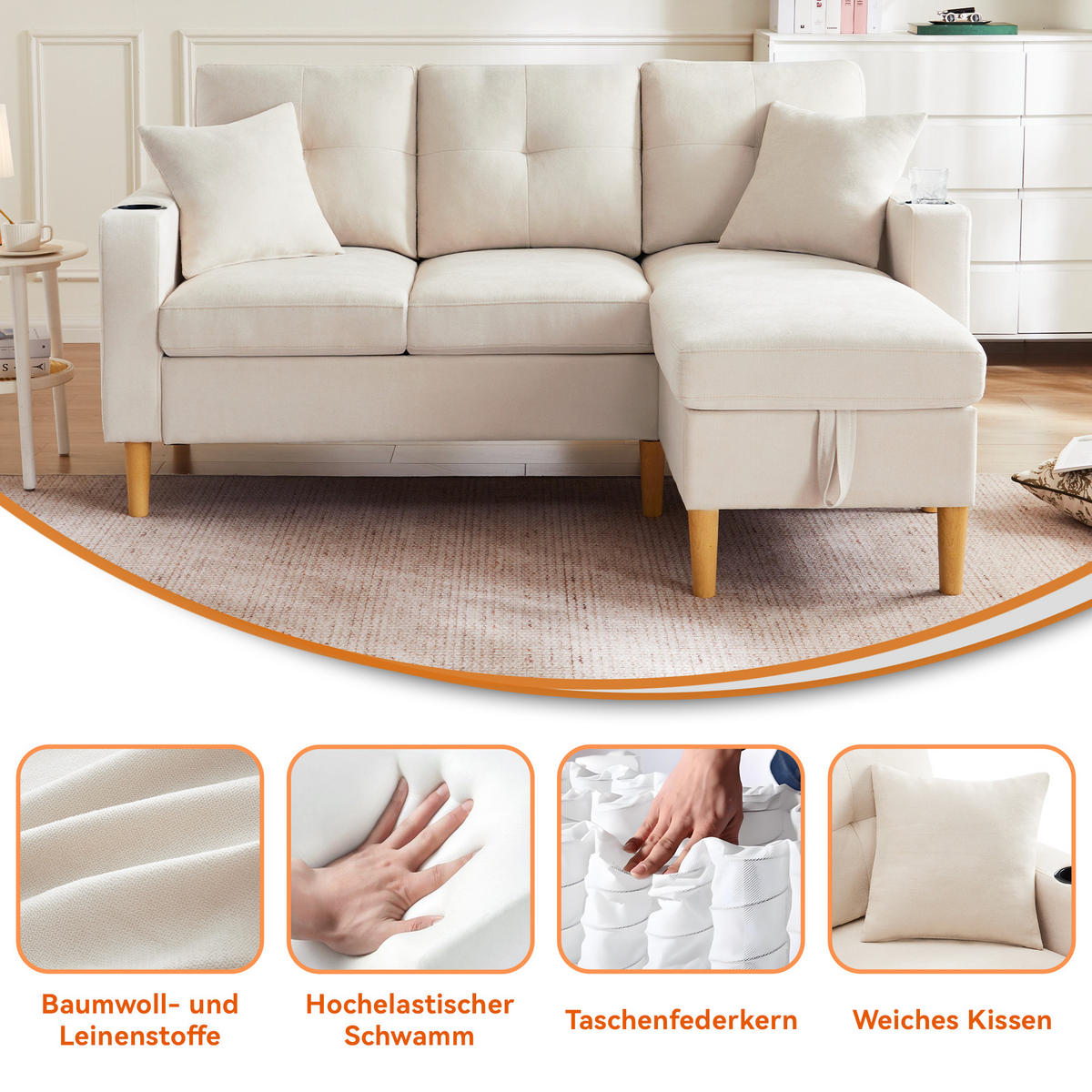 ECKSOFA L-Form Baumwoll-Leinen mit Stauraum und Getränkehaltern 175/129/90 cm Beige - Beige, Textil (175/129cm) - Redom