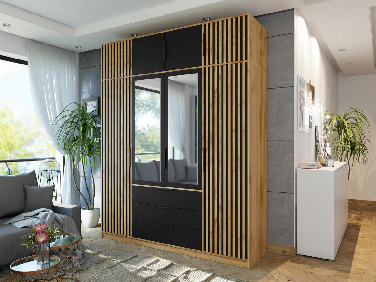 KLEIDERSCHRANK Bali Lux D4 mit Schrankaufsatz - Schwarz/Braun, Holzwerkstoff/Metall (196/245/58cm) - MIRJAN24