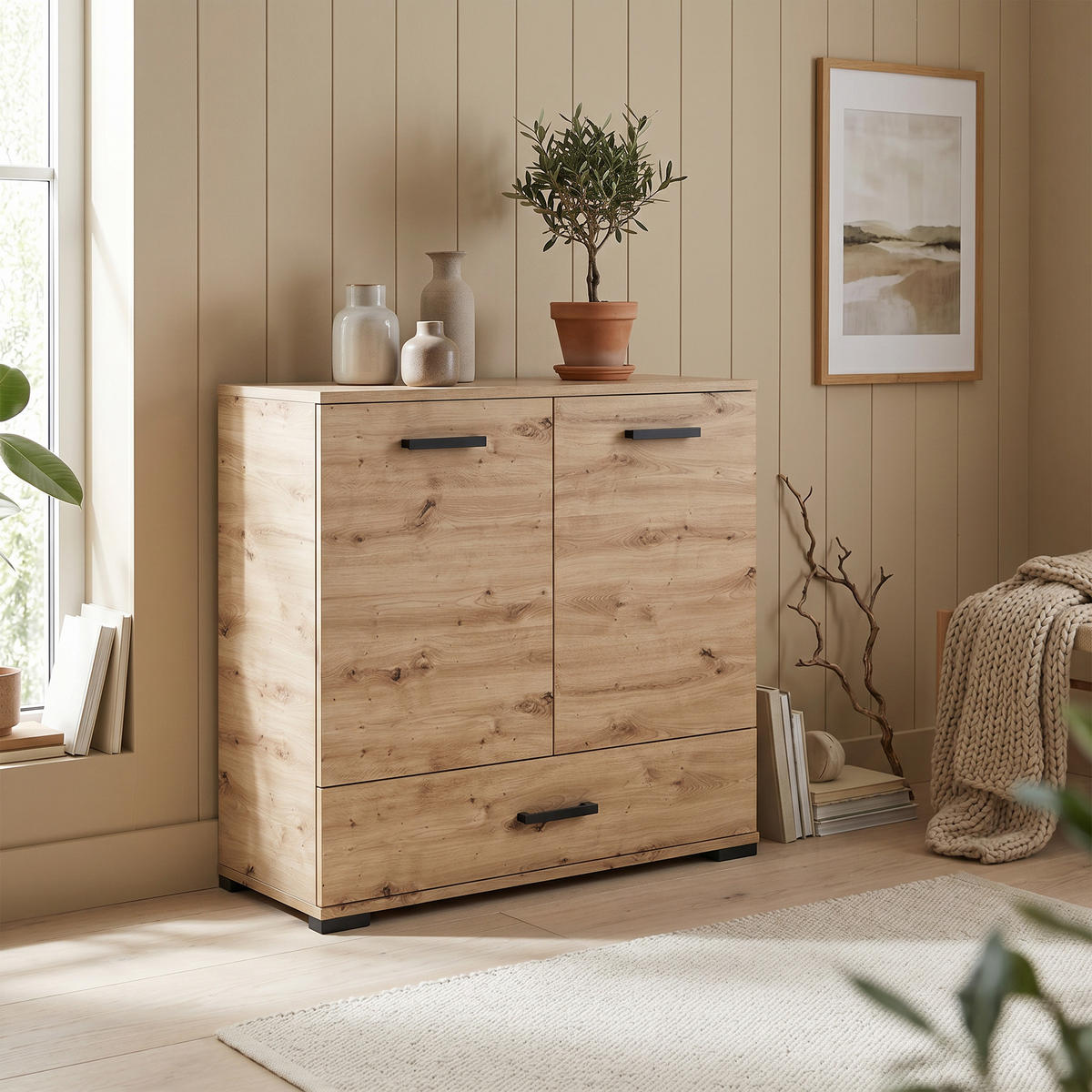 KOMMODE ALBANO 90/83/40cm mit 1 Schubladen 2 Türen Eiche Artisan - Eiche Artisan, Holzwerkstoff (90/83/40cm) - MASSENO