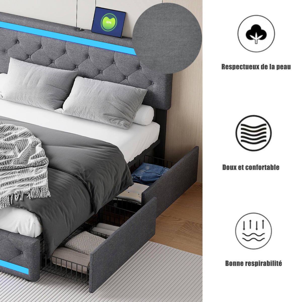 POLSTERBETT 140x200 cm mit LED und USB, Doppelbett mit Lattenrost und Kopfteil, Bett 140x200, Leinenstoff, Grau - Grau, Holzwerkstoff/Textil (140/200cm) - GENKI LIVING