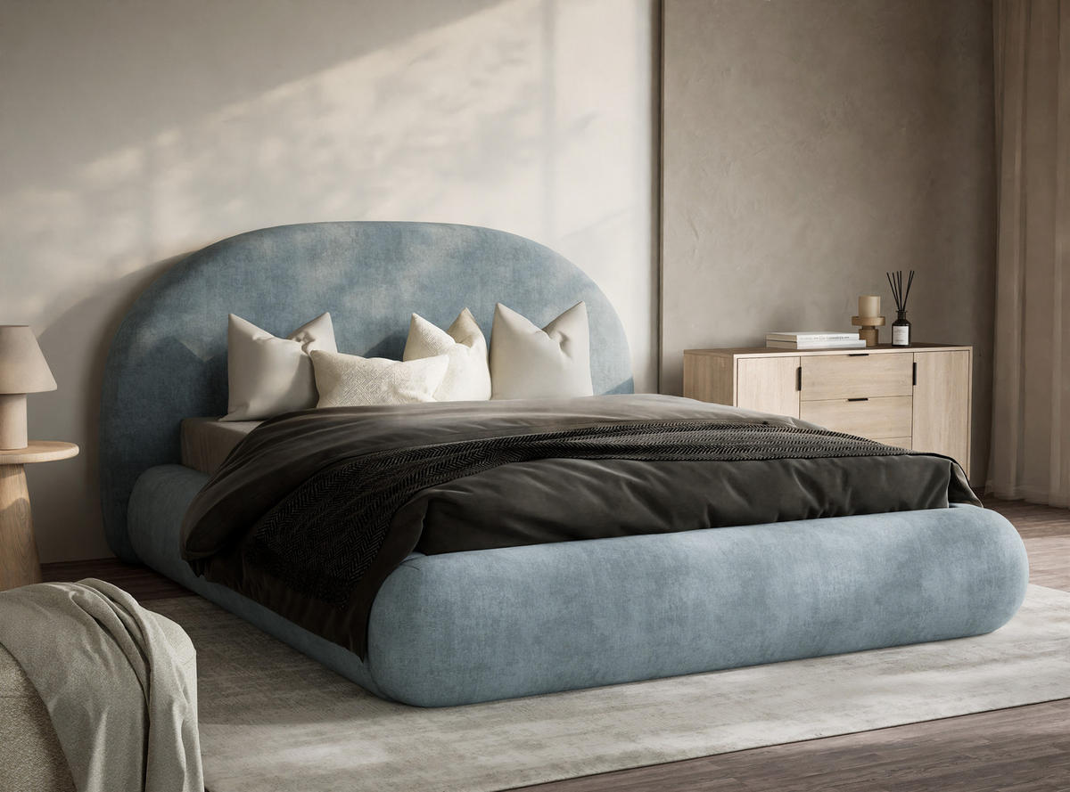 POLSTERBETT Maumere Hellblau 160/200 cm im Chenille-Stoff - Schwarz/Naturfarben, Holz/Holzwerkstoff (160/200cm) - Maison de Reve