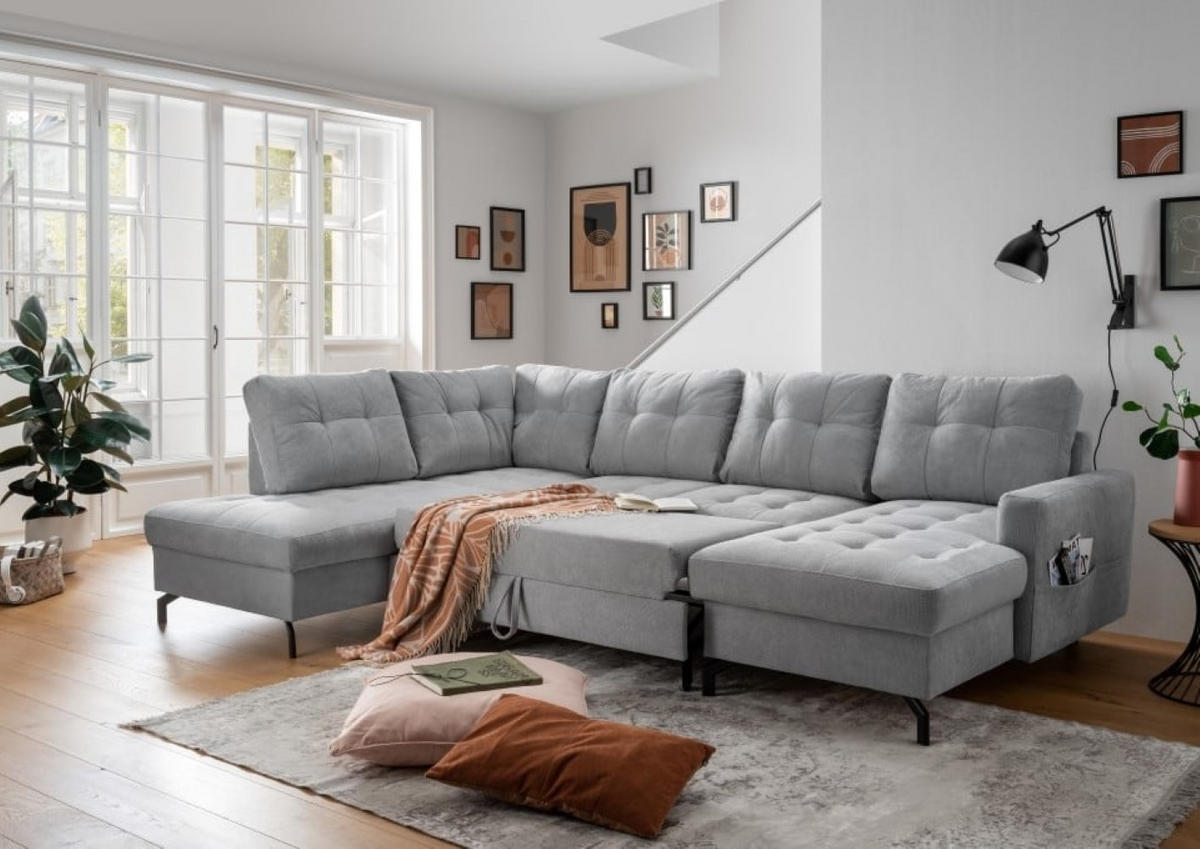 WOHNLANDSCHAFT mit Schlaffunktion und Bettkasten - Schwarz/Grau, Textil/Metall (305/92/200cm) - myHomelando