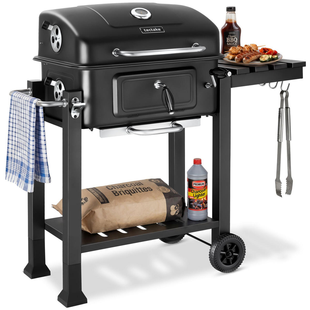 HOLZKOHLEGRILL Florian, 110 x 64 x 104 cm, untere Gitterablage, schwarz - Schwarz, Metall (110/104/64cm) - tectake