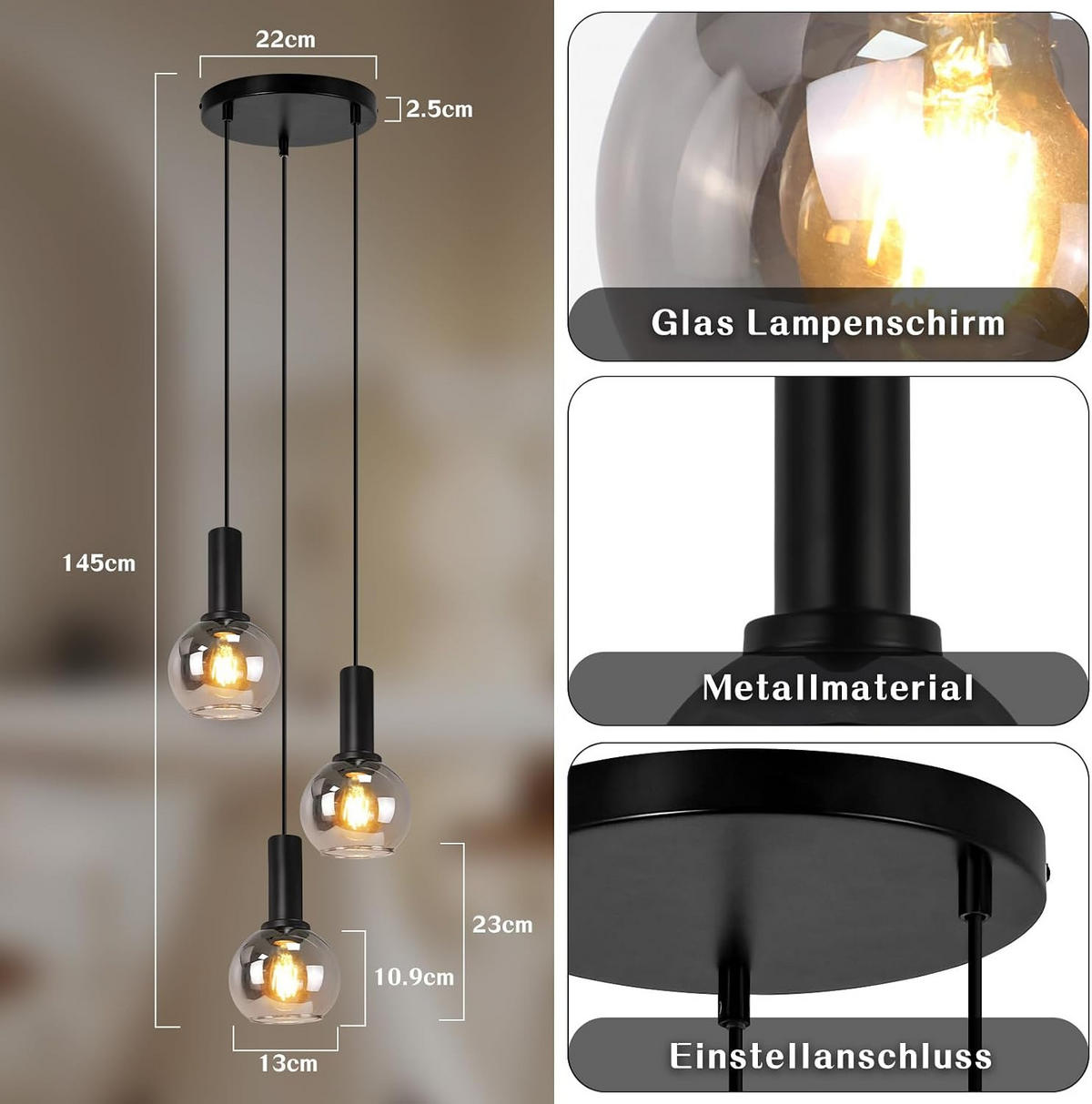 HÄNGELEUCHTE Vossq 22/13/145 cm - Schwarz, Glas/Metall (22/13/145cm) - ZMH