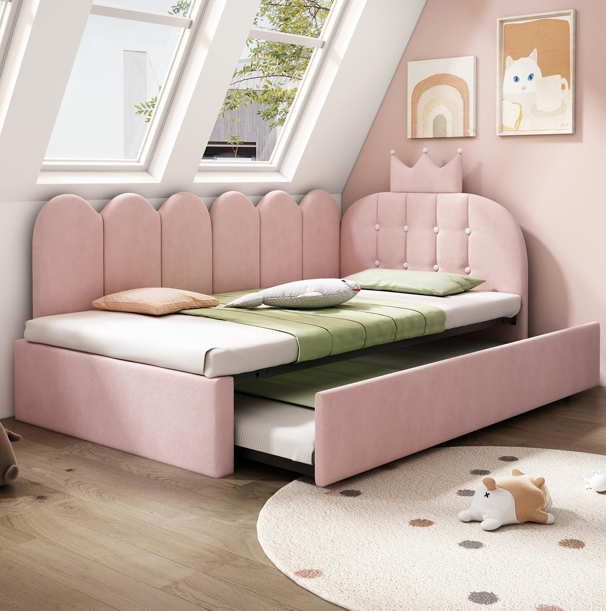 POLSTERBETT 90/200 cm aus Samt in Rosa mit Kronendesign - Rosa, Textil (90/200cm) - Flora Grace