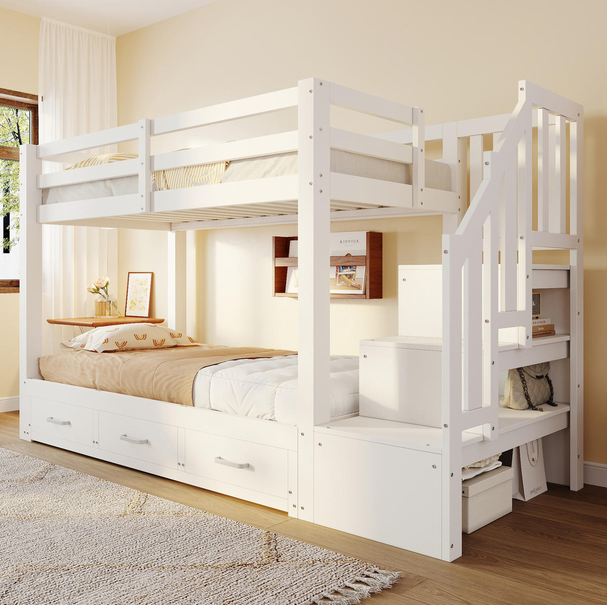 ETAGENBETT 90/200 cm mit Ausziehbett, Stauraumleiter und 3 Schubladen, Weiß/Grau - Weiß, Holzwerkstoff (90/200cm) - Redom