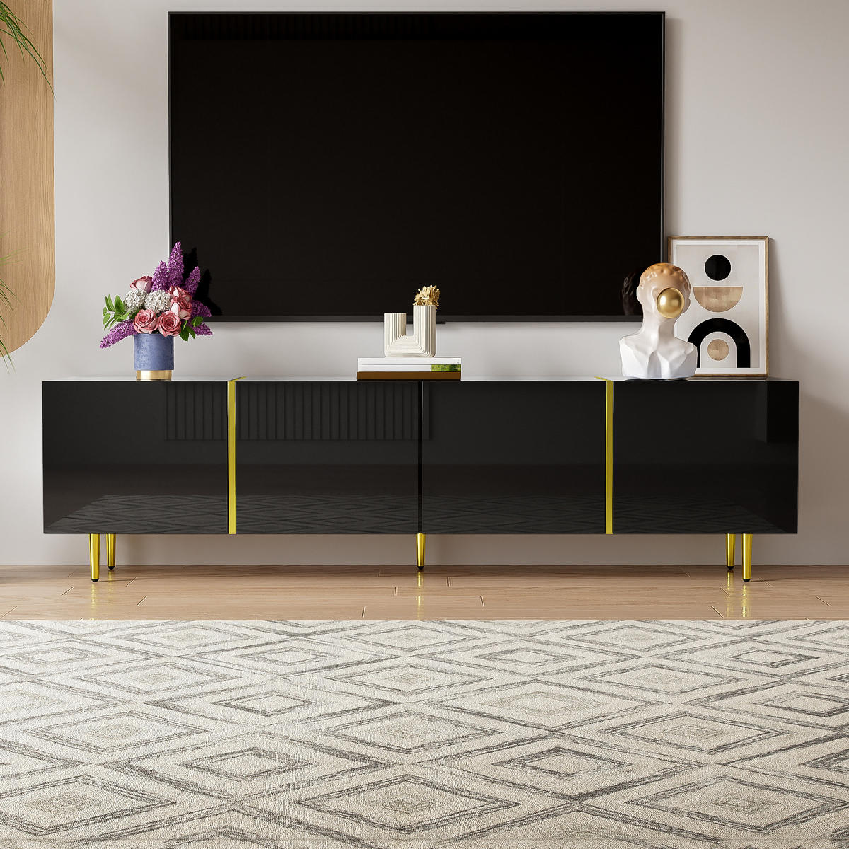 TV ormarić 170/35/46 cm crni od MDF-a s visokim sjajem i 4 vrata - crna, drvni materijal (170/46/35cm) - OKWISH