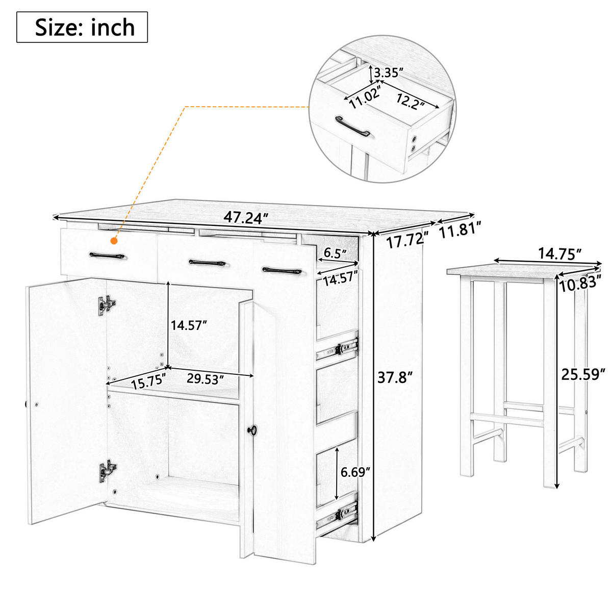 KÜCHENINSEL mit Klappplatte 120 x 45-75 x 96 cm Weiß - Weiß, Holz (45/96/120cm) - Beauniv
