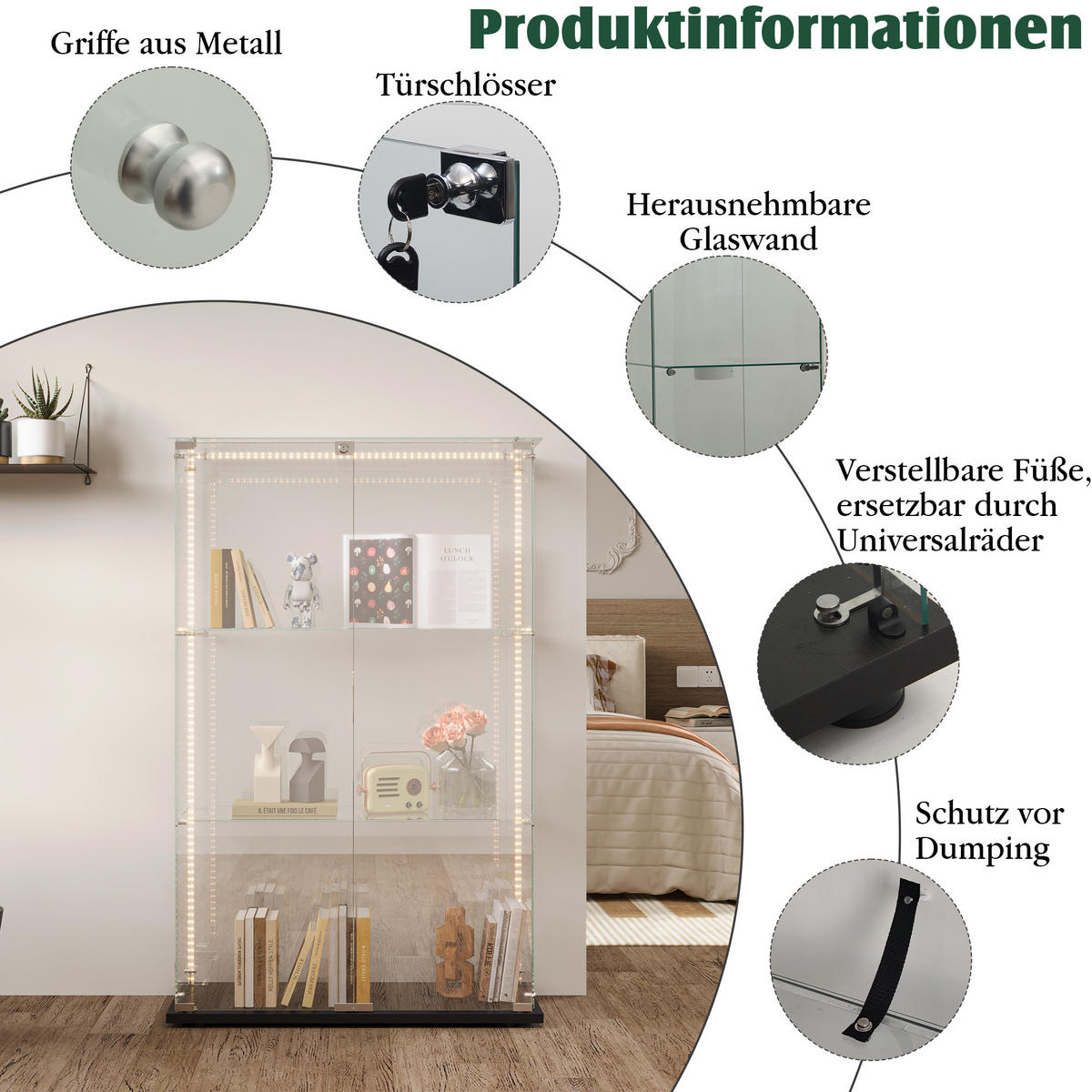 GLASVITRINE freistehend 2 Türen Schloss 3 Einlegeböden LED schwarz - Schwarz, Holz (78.5/123.3/35cm) - LEBENLANG