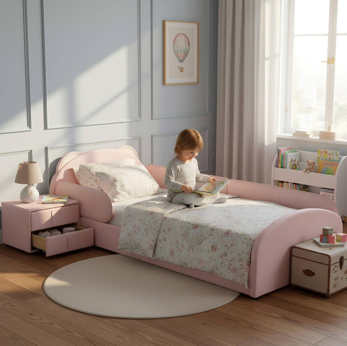 KINDERBETT 90/200 cm in Rosa mit Bären-Kopfteil und Nachttisch - Rosa, Textil (90/200cm) - Flora Grace