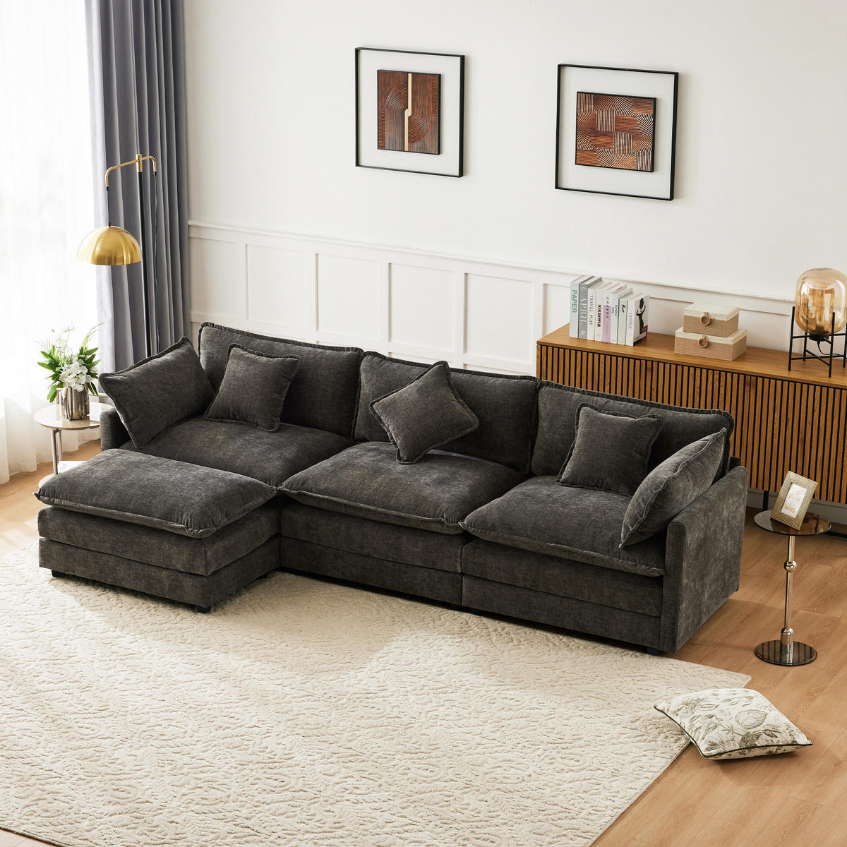 ECKSOFA 283x147x84 cm aus Chenille mit Hocker, dunkelgrau - Dunkelgrau, Textil (147/283cm) - Luhomfu