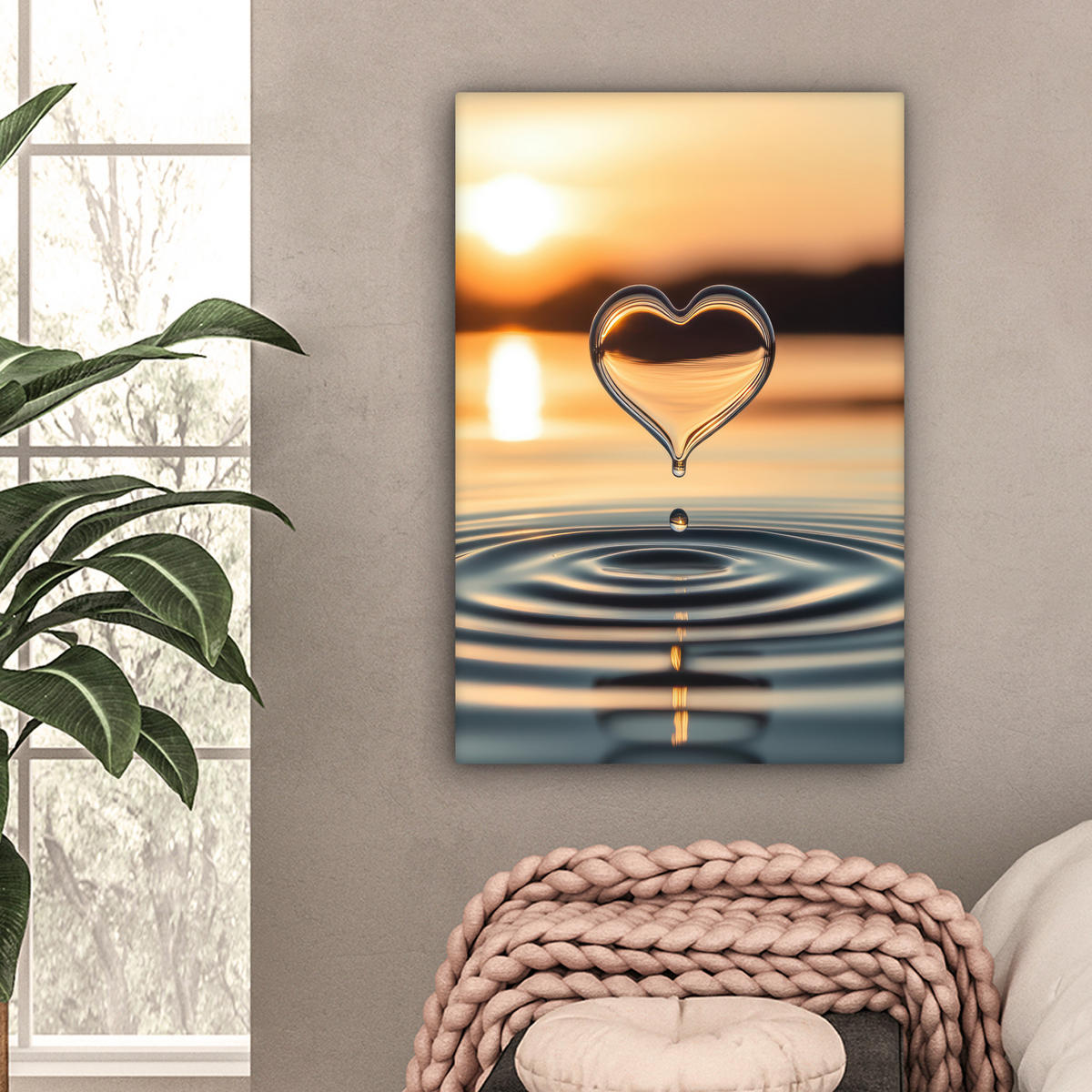LEINWANDBILD - Herz - Wasser - Sonnenuntergang - Natur - Zen - 40x60 - Deko Schlafzimmer - Bernsteinfarben, Textil (40/60cm) - MuchoWow