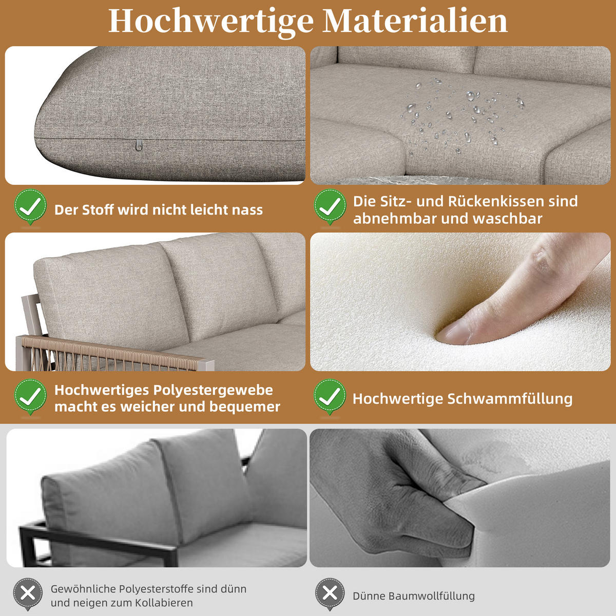 GARTENMÖBELSET 238/61/78 cm beige aus Metall und Polyester mit Seilgeflecht und Kissen - Beige, Metall - OKWISH