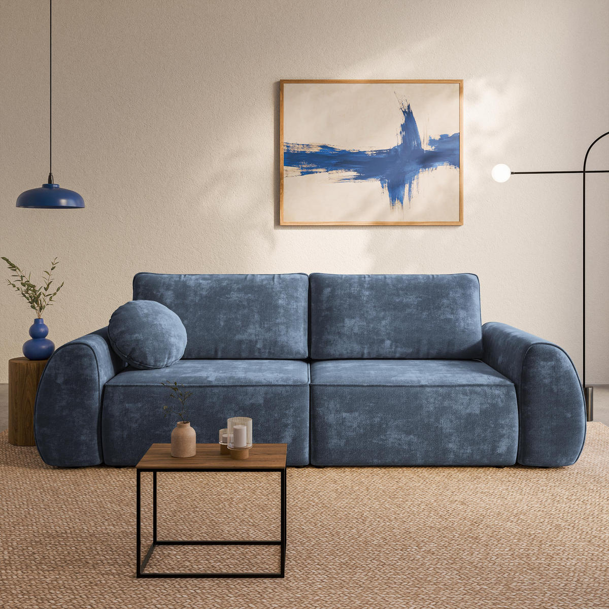 BETTSOFA ZEFEO Blau Chenille-Stoff mit Schlaffunktion - Blau, Textil (264/96/106cm) - MASSENO
