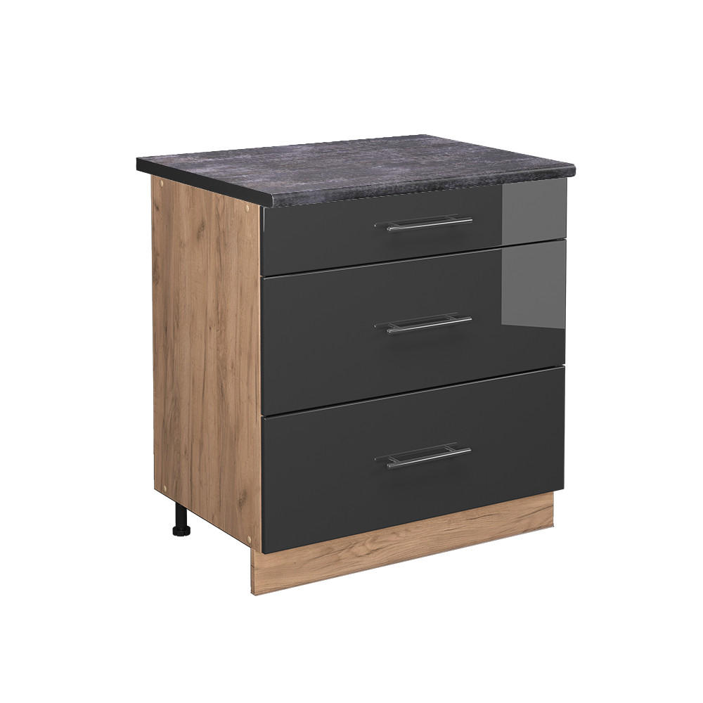KÖKSUNDERSKÅP Fame-Line Antracit högblank 80 cm med 3 lådor, AP antracit Svart högglans, Honungsek 82/80/60 cm