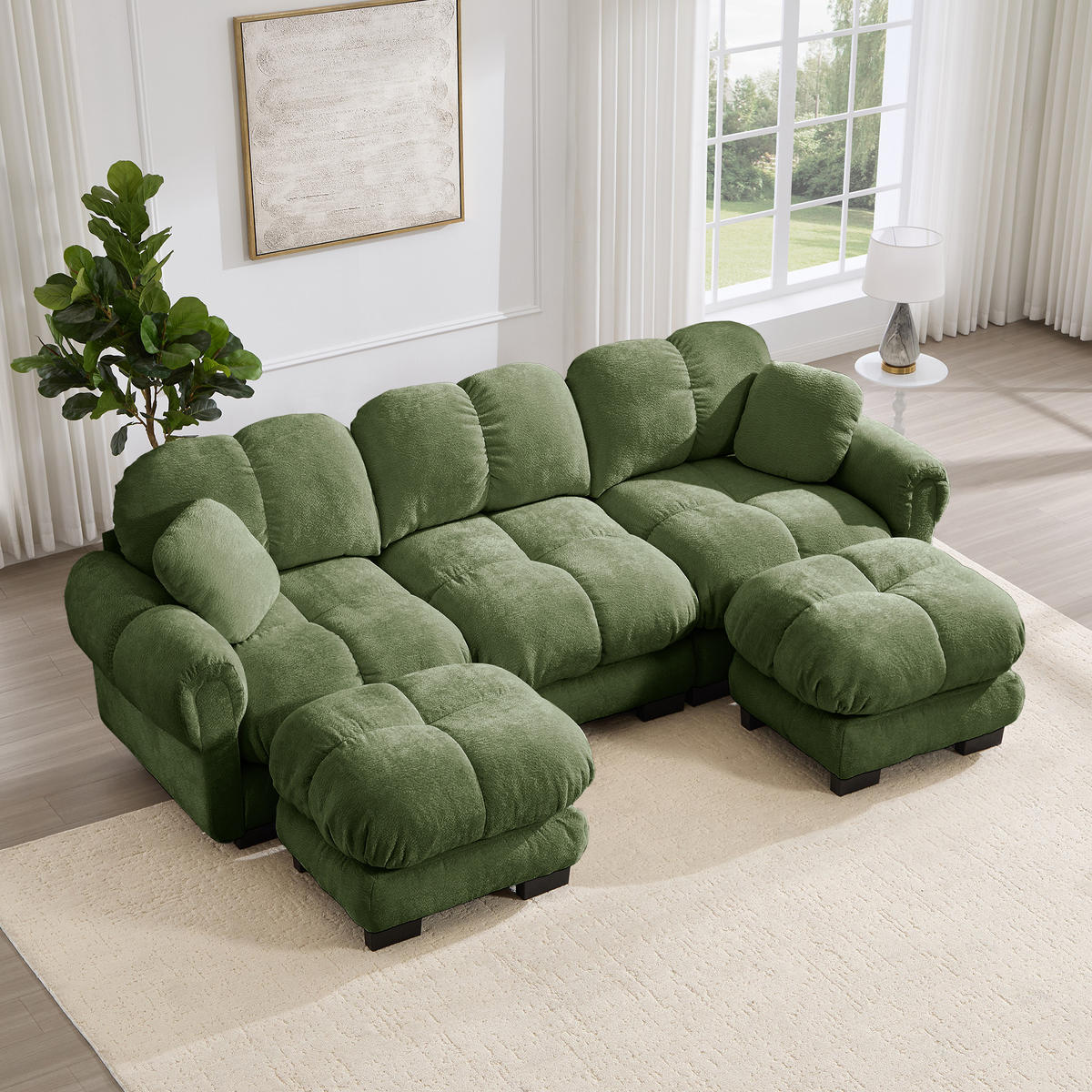 WOHNLANDSCHAFT DE-34384 U-Form mit Ottoman und Steppdesign Grün - Grün, Textil (149/90/260cm) - ComfortXL
