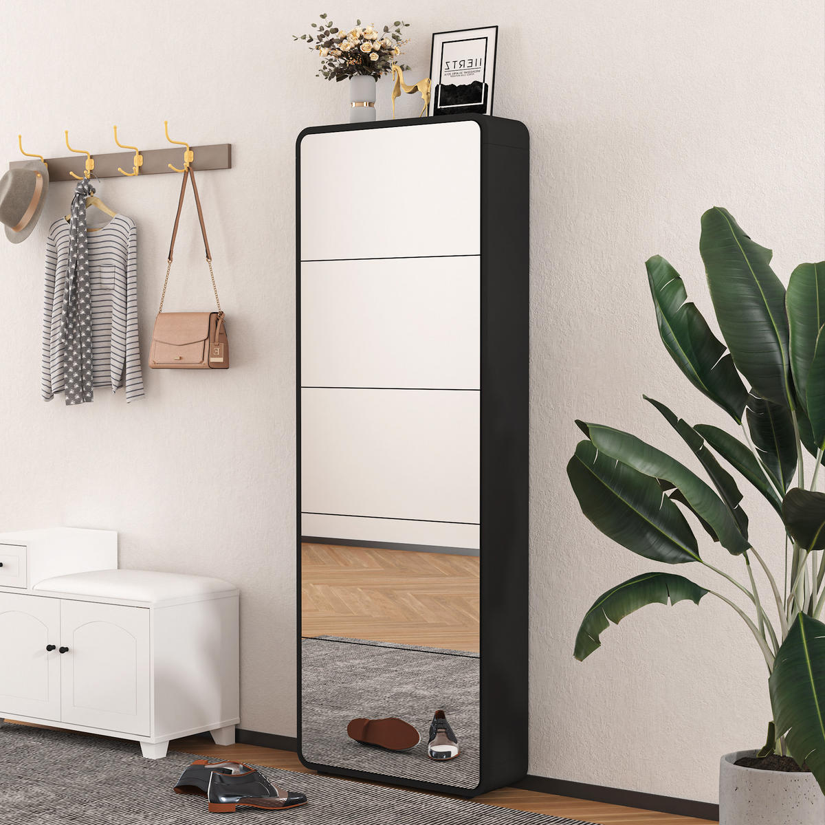 SCHUHSCHRANK aus MDF 63x19.6x176.5cm in Schwarz mit Spiegel - Schwarz, Holzwerkstoff (63/176.5/19.6cm) - Modfu