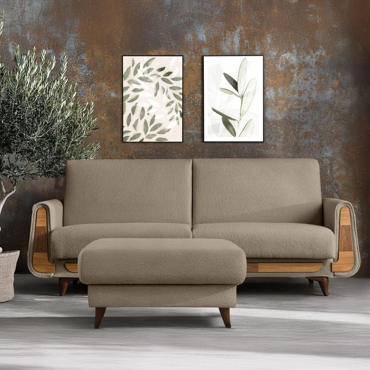 HOCKER GUSTAVO Bouclé, Braun - Braun, Holz/Holzwerkstoff (92/49/92cm) - KONSIMO®