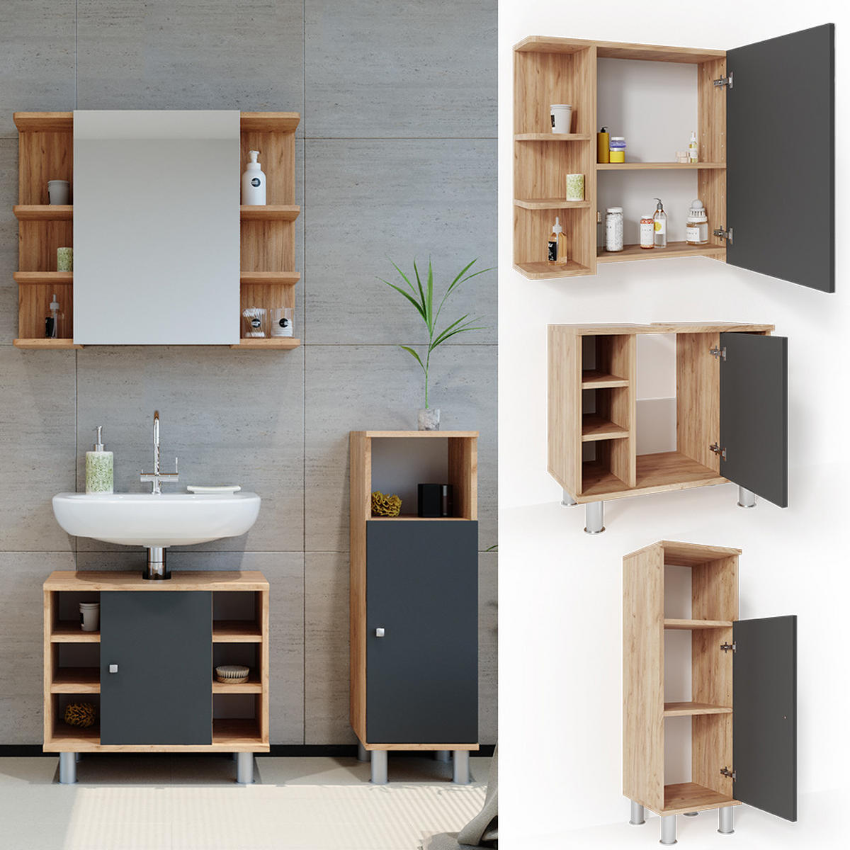 BADMÖBEL-SET Fynn Eiche 3 Teile, mit Midischrank - Eichefarben/Anthrazit, Holzwerkstoff (60/54/32cm) - Vicco