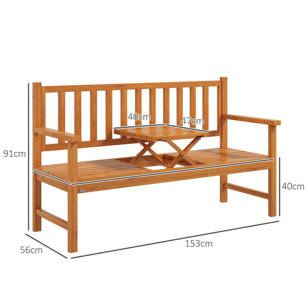 GARTENBANK DE-08282 mit ausklappbarem Tisch, für 2-3 Personen Hellbraun - Braun, Holz (153/91/56cm) - ComfortXL