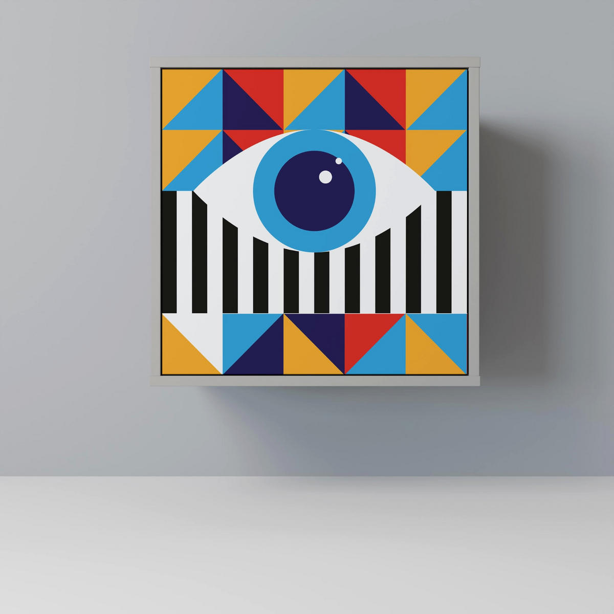 SIDEBOARD ABSTRACTION AND GEOMETRY, Grau, 57,5x42x72,5 cm, Schwarze Metallfüße - Multicolor/Schwarz, Holzwerkstoff/Metall (57.5/72.5/42cm) - SpaceRebels