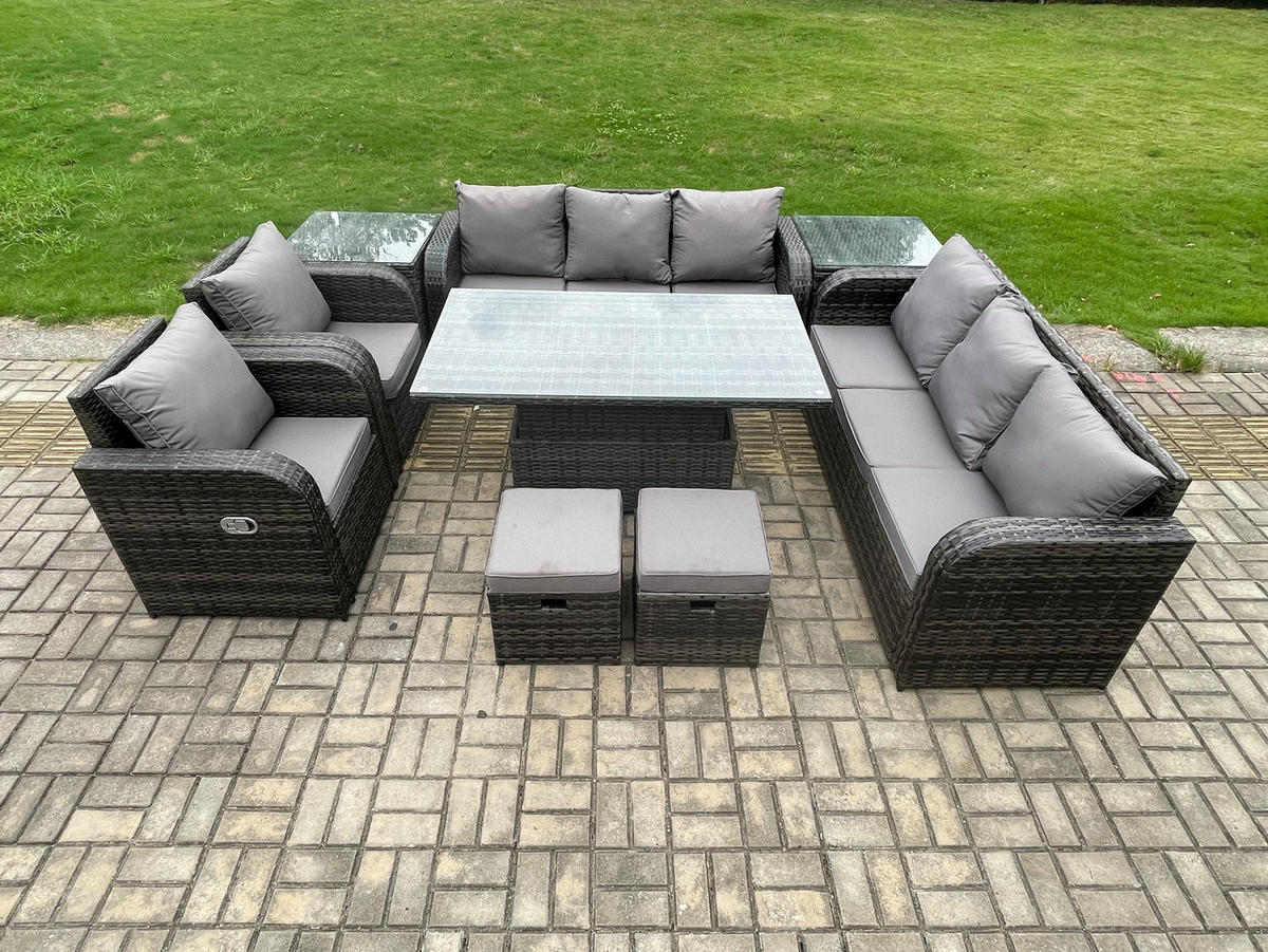 SITZGRUPPE GARTENSET MIT BEISTELLTISCH Polyrattan Patio 10-Sitzer - Dunkelgrau/Grau, Glas/Kunststoff - Fimous
