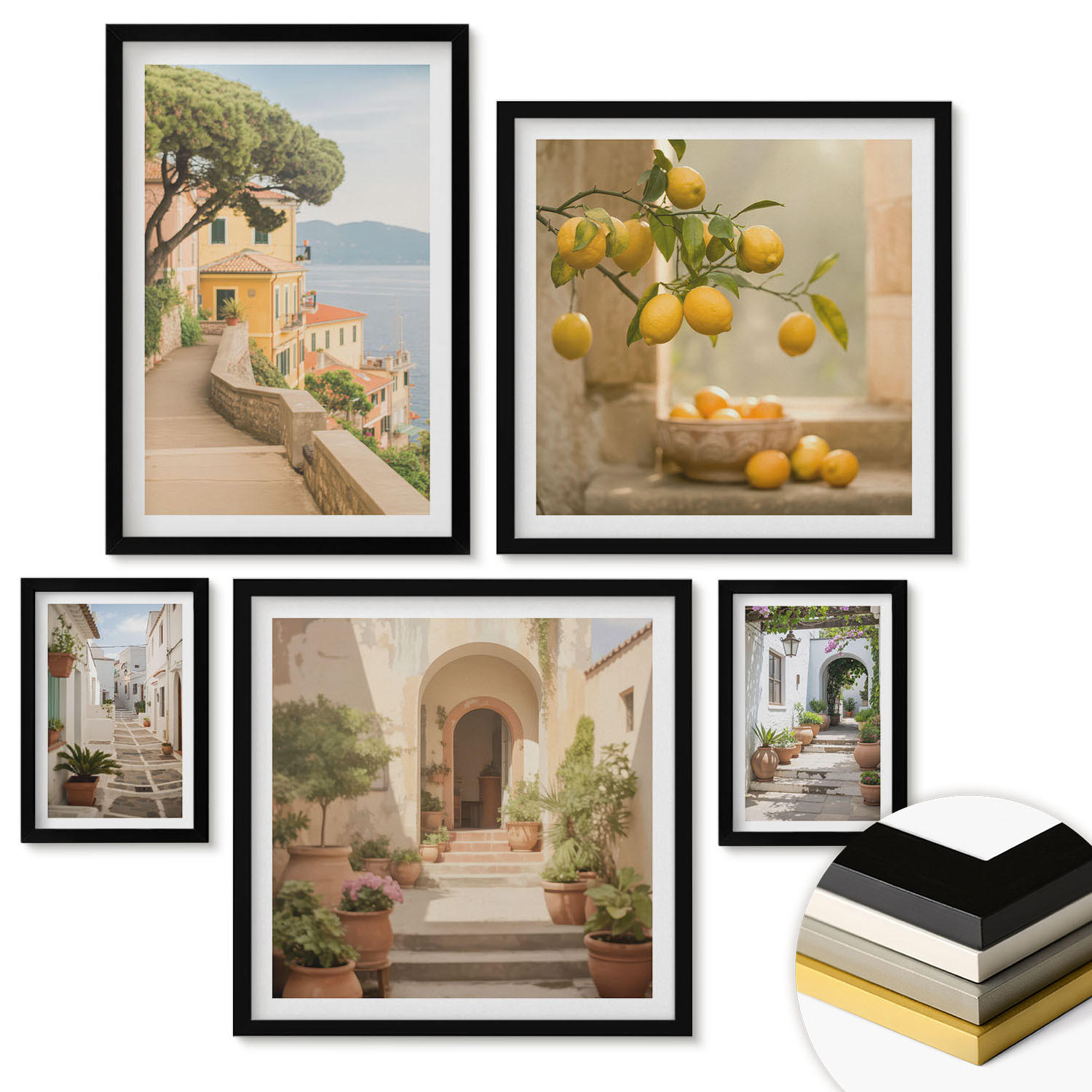 WANDBILDER 5er-Set - 50x50 cm & 20x30 cm & 40x60 cm Schwarzer Rahmen - Zitrusfrüchte in der Küche - Schwarz, Kunststoff (40/60cm) - ArtPrintCave
