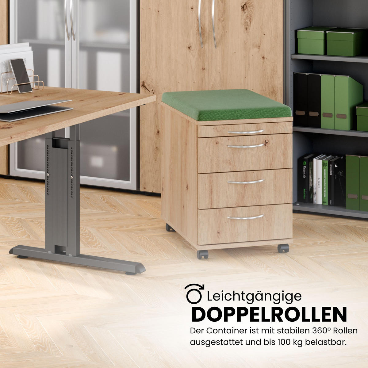 ROLLCONTAINER - mit 3 Schubladen 58/42,8/59 cm in Ahornfarben Bogengriff (Kunststoff) - Ahornfarben, Holzwerkstoff (42.8/59/58cm) - bümö