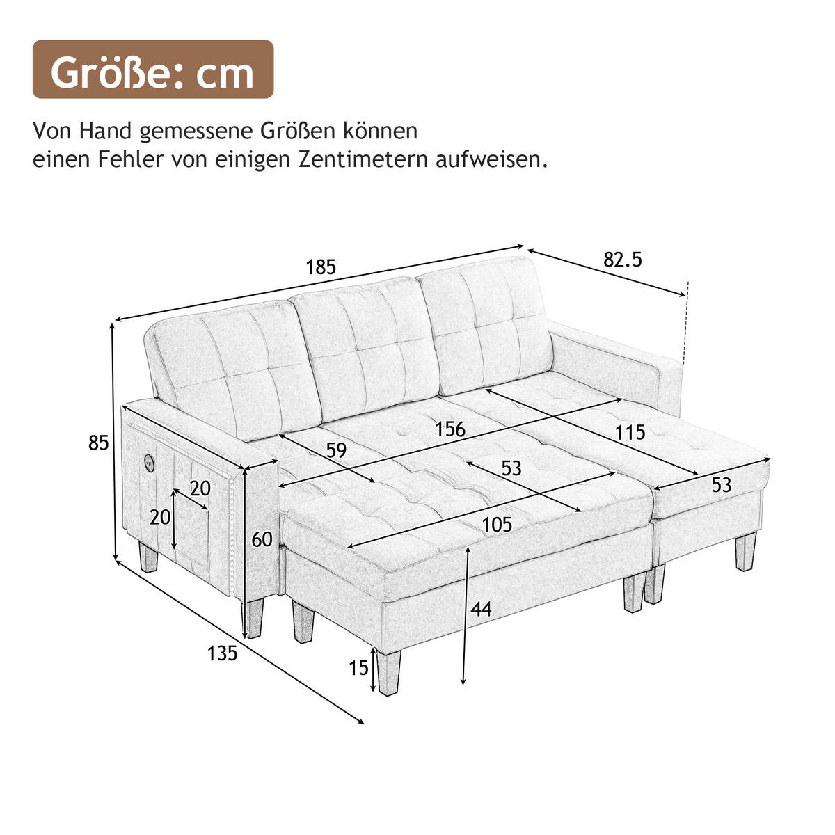 SCHLAFSOFA 185/135/85 cm Antikgrau mit beweglicher Fußbank und LED-Ambiente-Beleuchtung - Dunkelgrau, Textil (185/85/135cm) - Oxeza