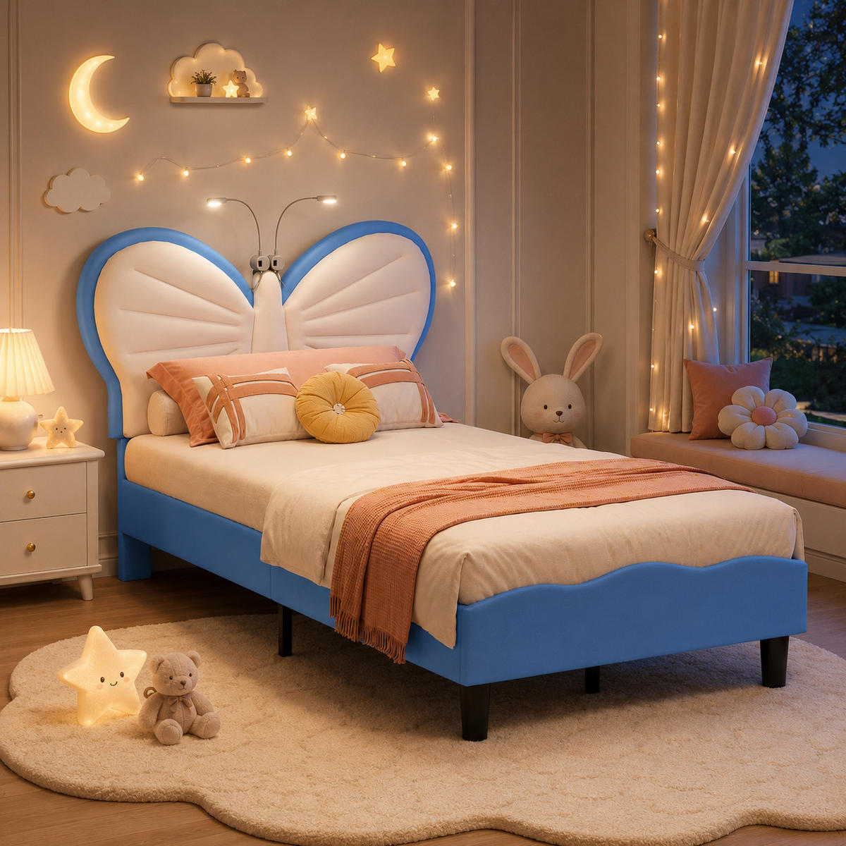 KINDERBETT 90/190 Blau Schmetterling Polsterbett mit LED-Leseleuchte - Hellblau, Metall (90/190cm) - Joyfair