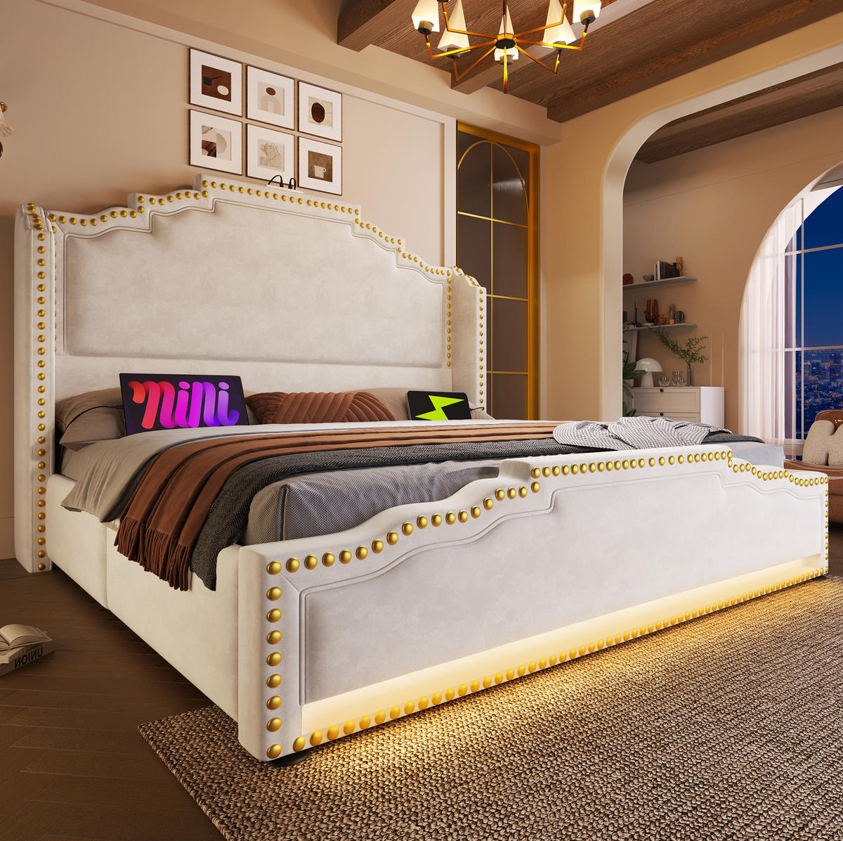 POLSTERBETT 140/200 cm Beige mit LED-Beleuchtung und USB-C-Anschluss - Beige, Textil (140/200cm) - OKWISH
