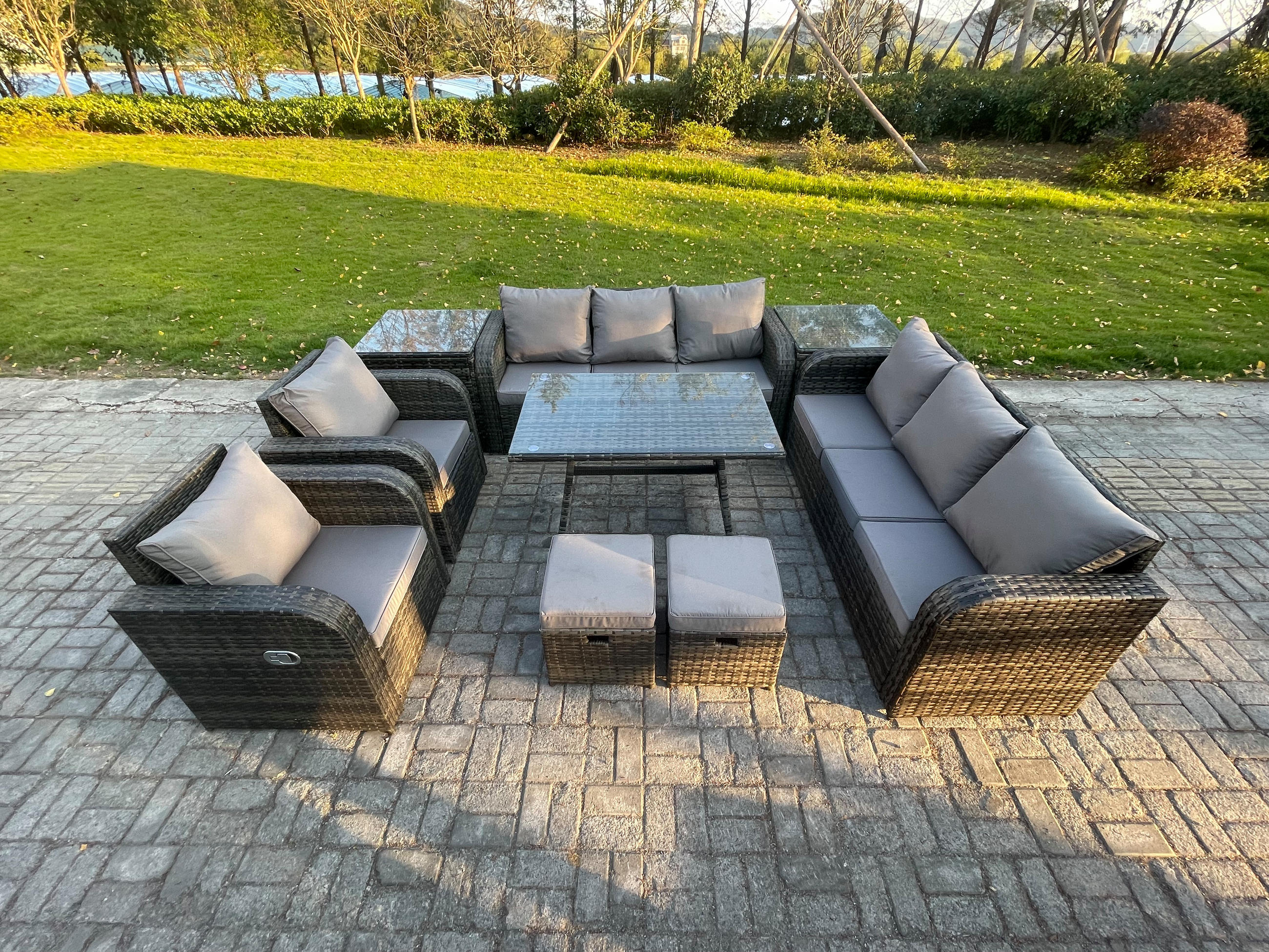 GARTENSET Hohe Rückenlehne Polyrattan 10-Sitzer - Dunkelgrau/Grau, Glas/Kunststoff - Fimous