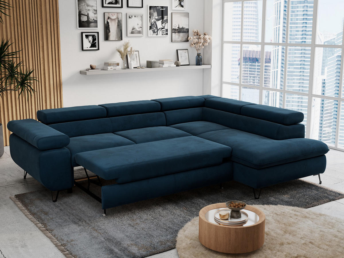 ECKSOFA PETER L Dunkelblau Velvet - Rechts Seite - Schwarz/Dunkelblau, Textil/Metall (273/208cm) - MKS