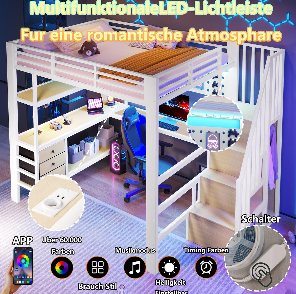 HOCHBETT 140/200 cm aus Metall und MDF mit Schreibtisch, Stauraumtreppe und LED-Beleuchtung Weiß - Weiß, Holzwerkstoff (140/200cm) - Modenvie