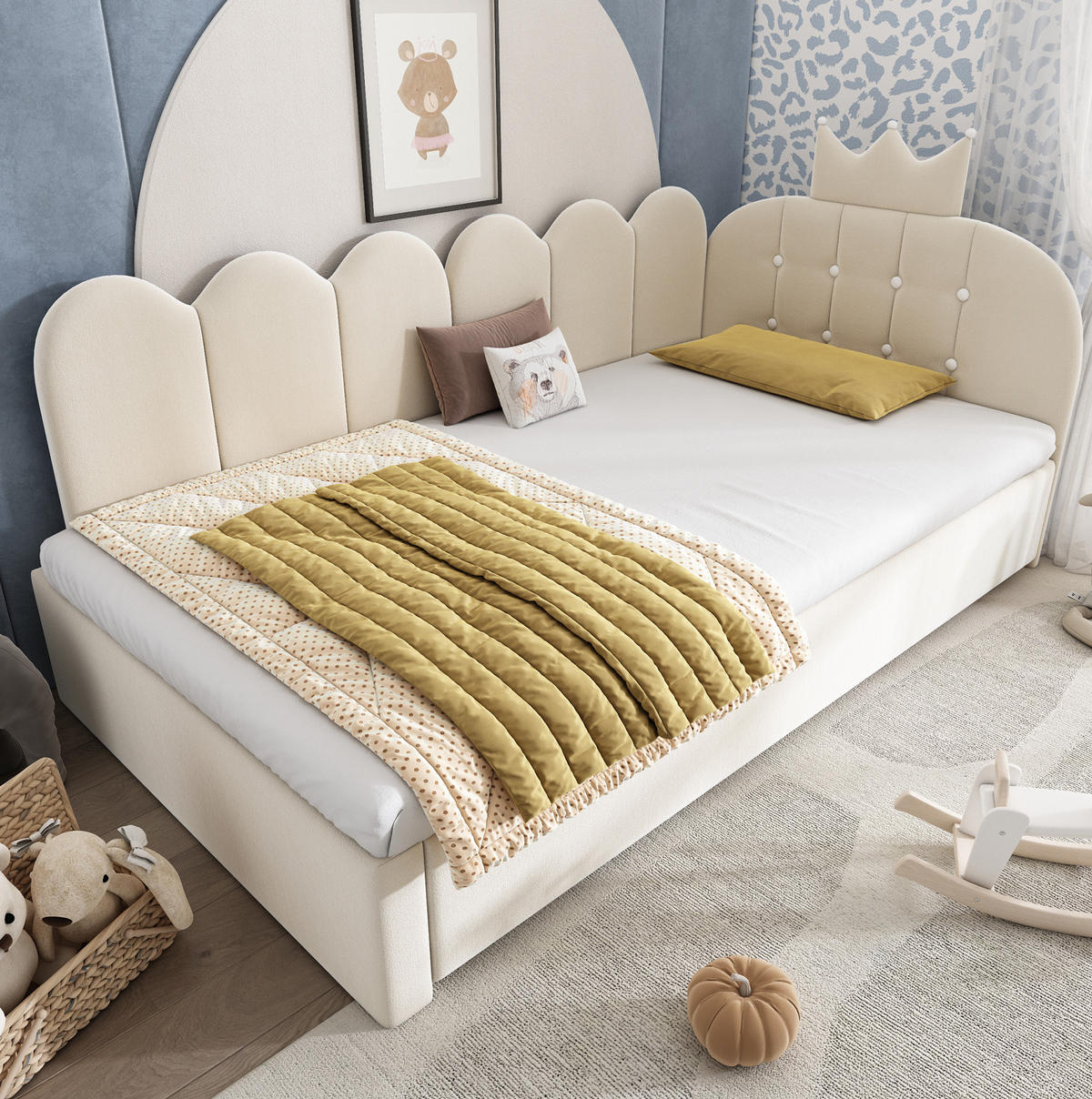 KINDERBETT 90/200 cm in Beige aus Samt mit Gästebett und Kronendesign - Beige, Textil (90/200cm) - Flora Grace