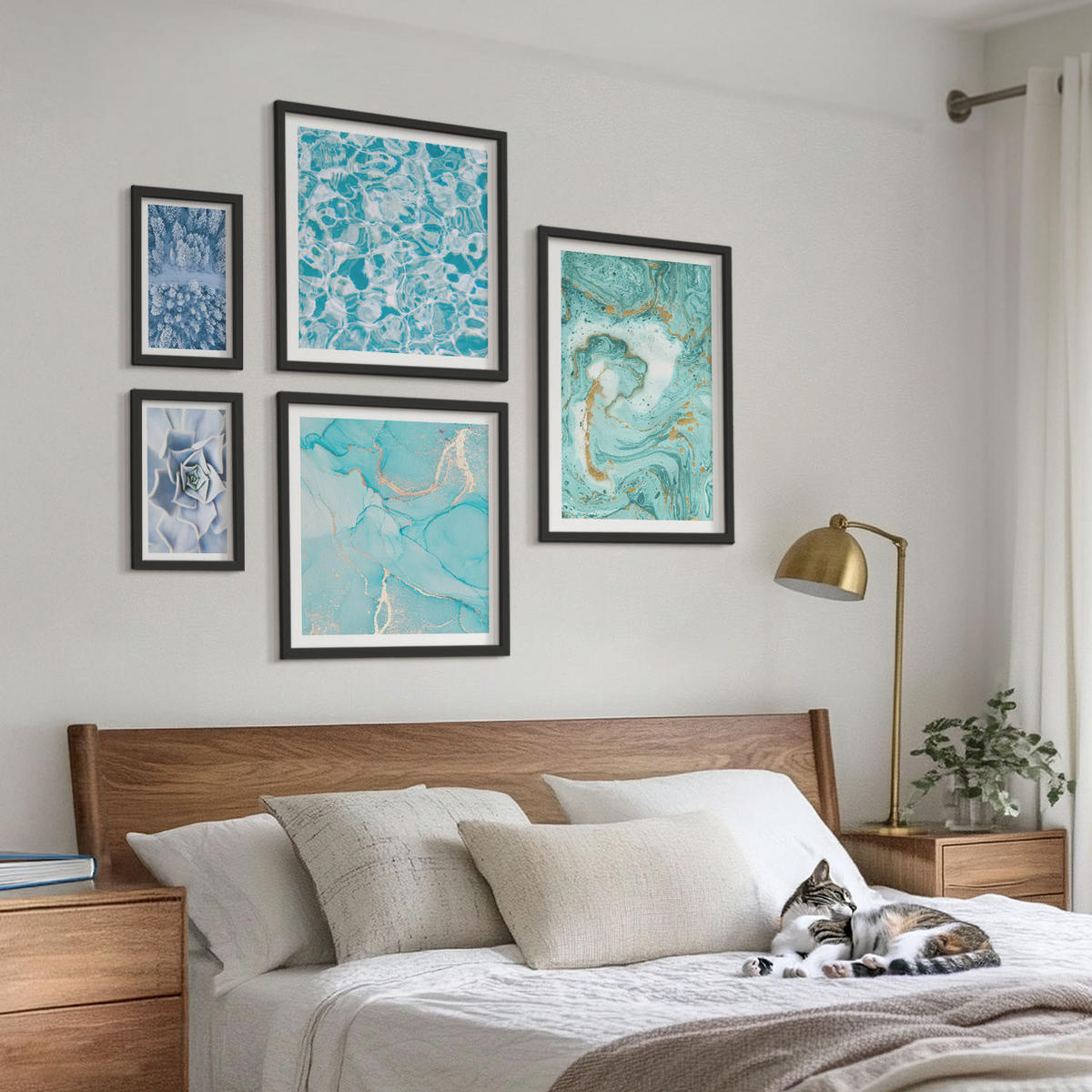 WANDBILDER 5er-Set - 50x50 cm & 20x30 cm & 40x60 cm Schwarzer Rahmen - Pflanzenmuster große minimalistische Sonnen - Schwarz, Kunststoff (40/60cm) - ArtPrintCave