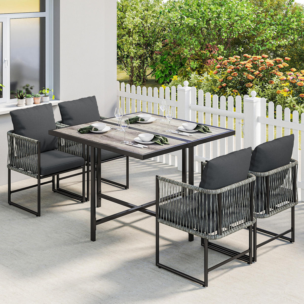 OUTDOOR-ESSGRUPPE 5er Set Stahl Kunststoff Grau - Dunkelgrau/Schwarz, Textil/Metall - Outsunny