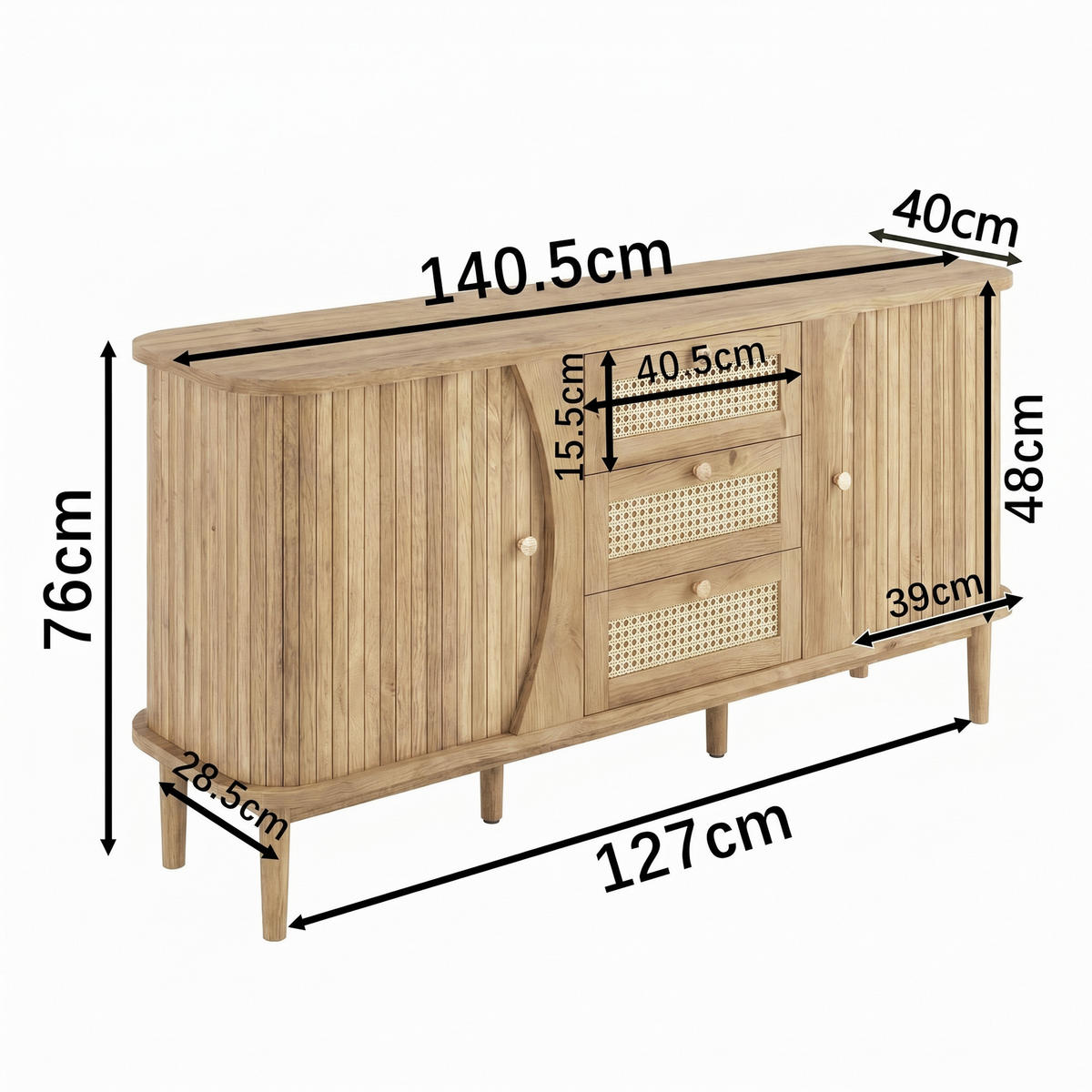 SIDEBOARD Rattan Kommode mit Schiebetüren, 140.5/40/76cm - Körsbärsfärgad, Träbaserade material (140/76/40cm) - Urban Meuble