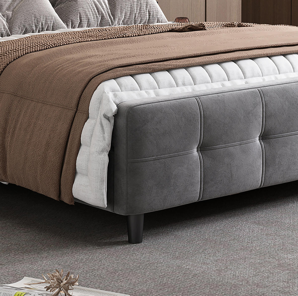 SAMT-POLSTERBETT 140/200 cm mit LED-Beleuchtung und verstellbarem Kopfteil - Grau, Textil (140/200cm) - BEAOK