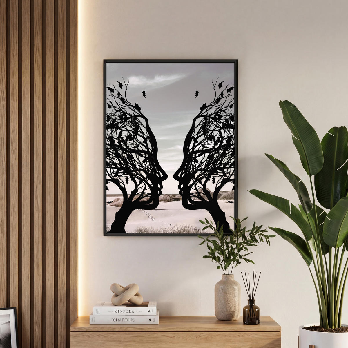 LEINWAND Bilder mit Rahmen - Strand - Meer - Menschen - Baum - Moderne Kunst - 60x80 - Hellgrau, Textil (60/80cm) - MuchoWow