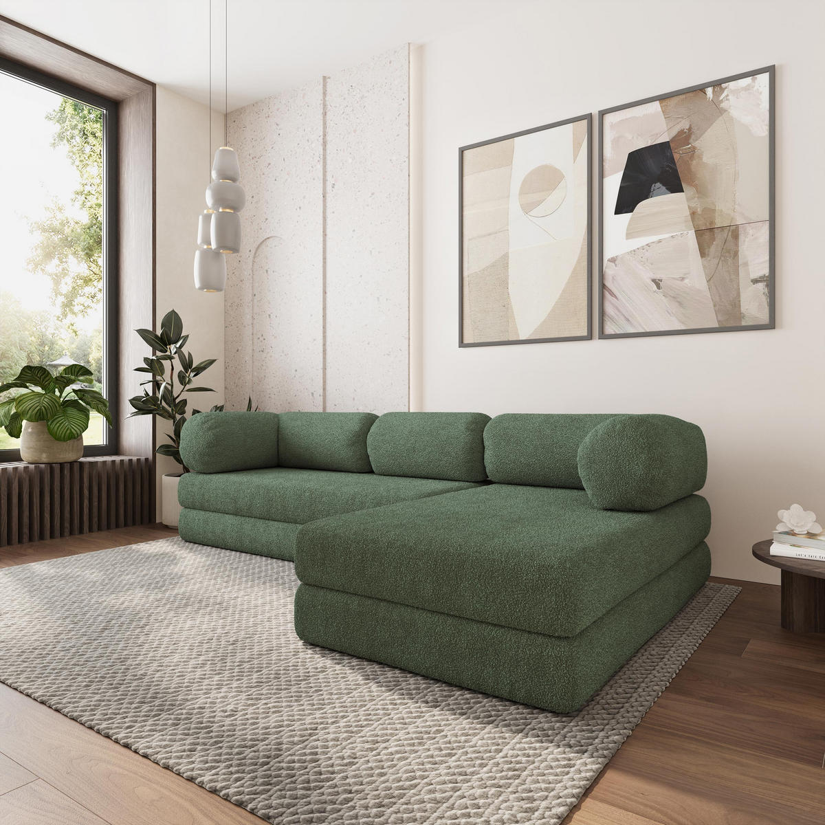 ROHOVÁ SEDAČKA KELI modulární Boneless pohovka s funkcí spaní, zelená barva QUELLE 37 - zelená barva, textil (270/160cm) - MASSENO
